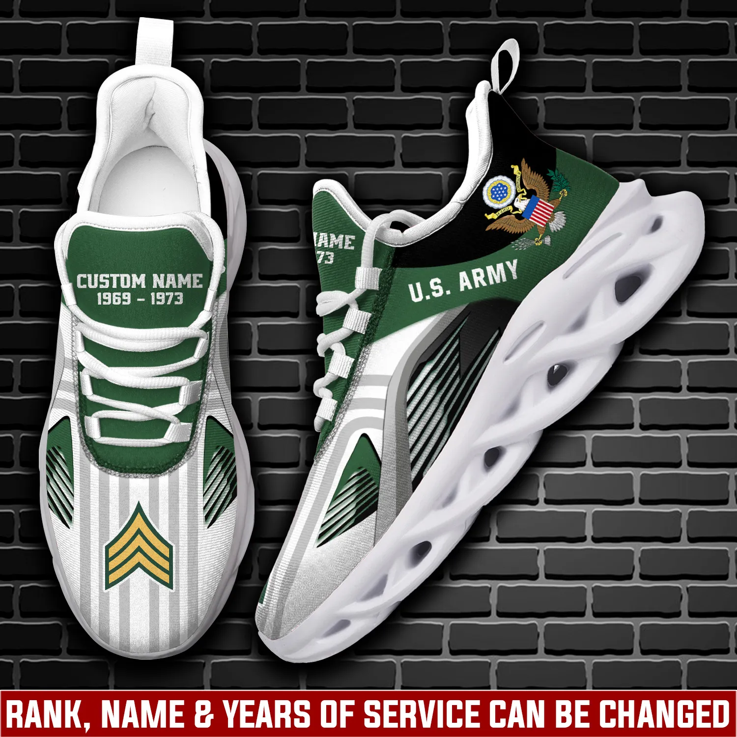 US Army E-7 Army Sergeant First Class Personalized Max Soul Shoes, Custom Name Rank and Years Veteran Sneakers, Army Gift for Dad
