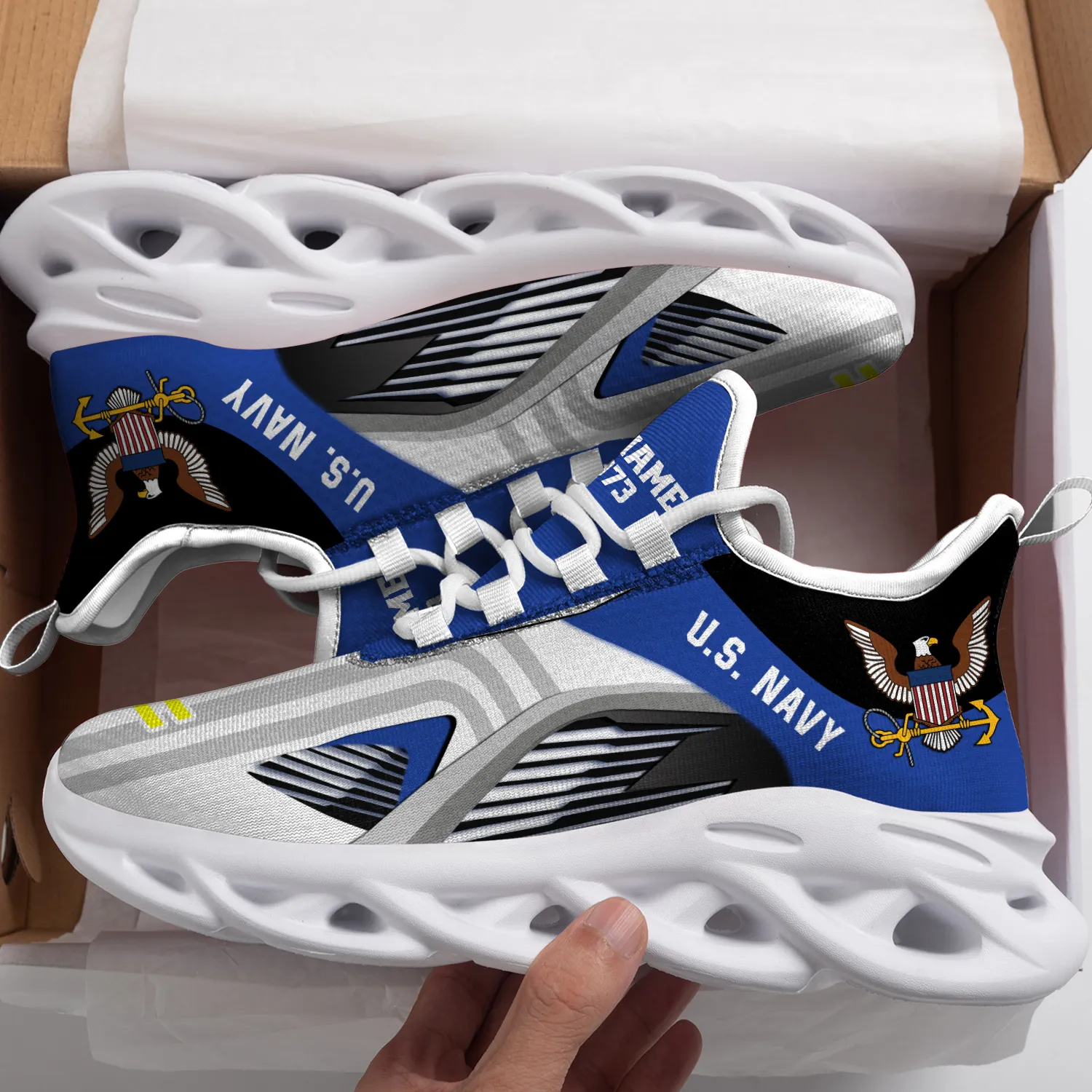 US Navy Semper Fortis Personalized Max Soul Shoes, Custom Name Rank and Rating Navy Veteran Sneakers, Military Gift for Dad