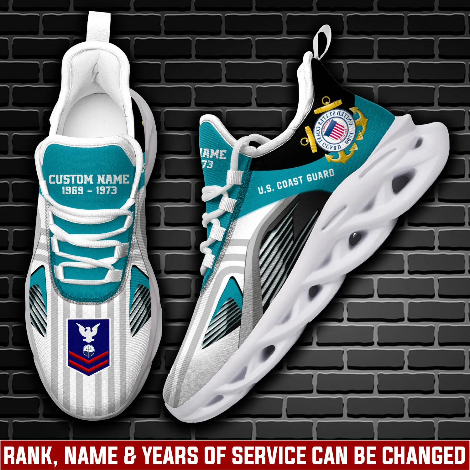 US Coast Guard Once A Coastie Always A Coastie Personalized Max Soul Shoes, Custom Name and Rank Veteran Sneakers, Military Gift