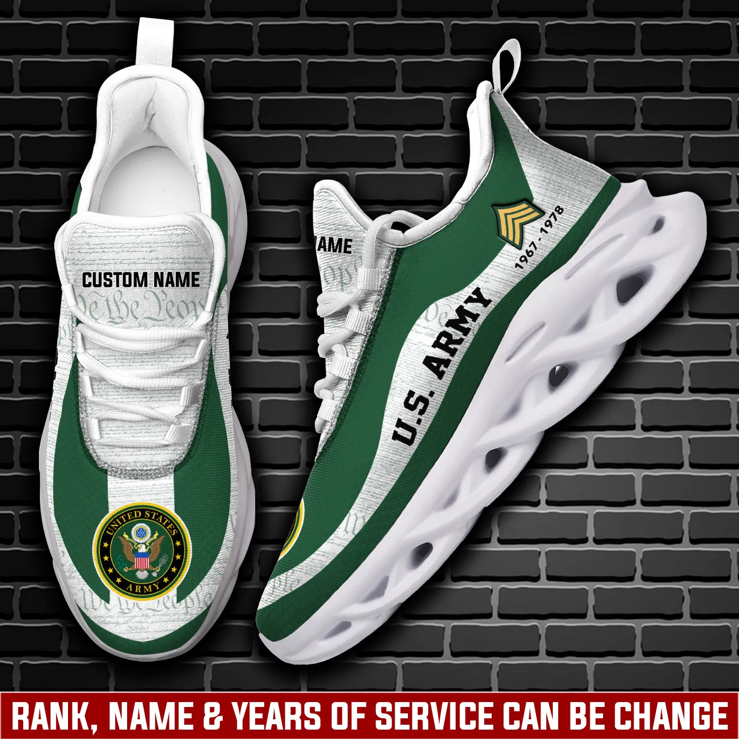 Personalized US Army W-4 Army Chief Warrant Officer 4 Max Soul Shoes, Custom Name Rank and Years Green White Veteran Sneakers, Army Gift