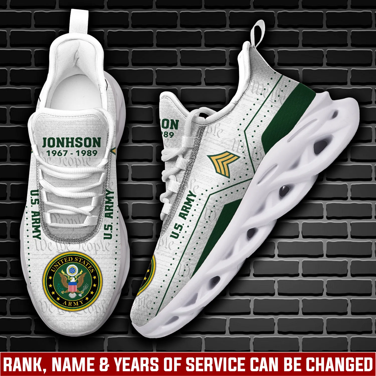 Personalized US Army No One Fights Alone Max Soul Shoes, Custom Name Rank and Years of Service White Green Veteran Sneakers, Military Gift