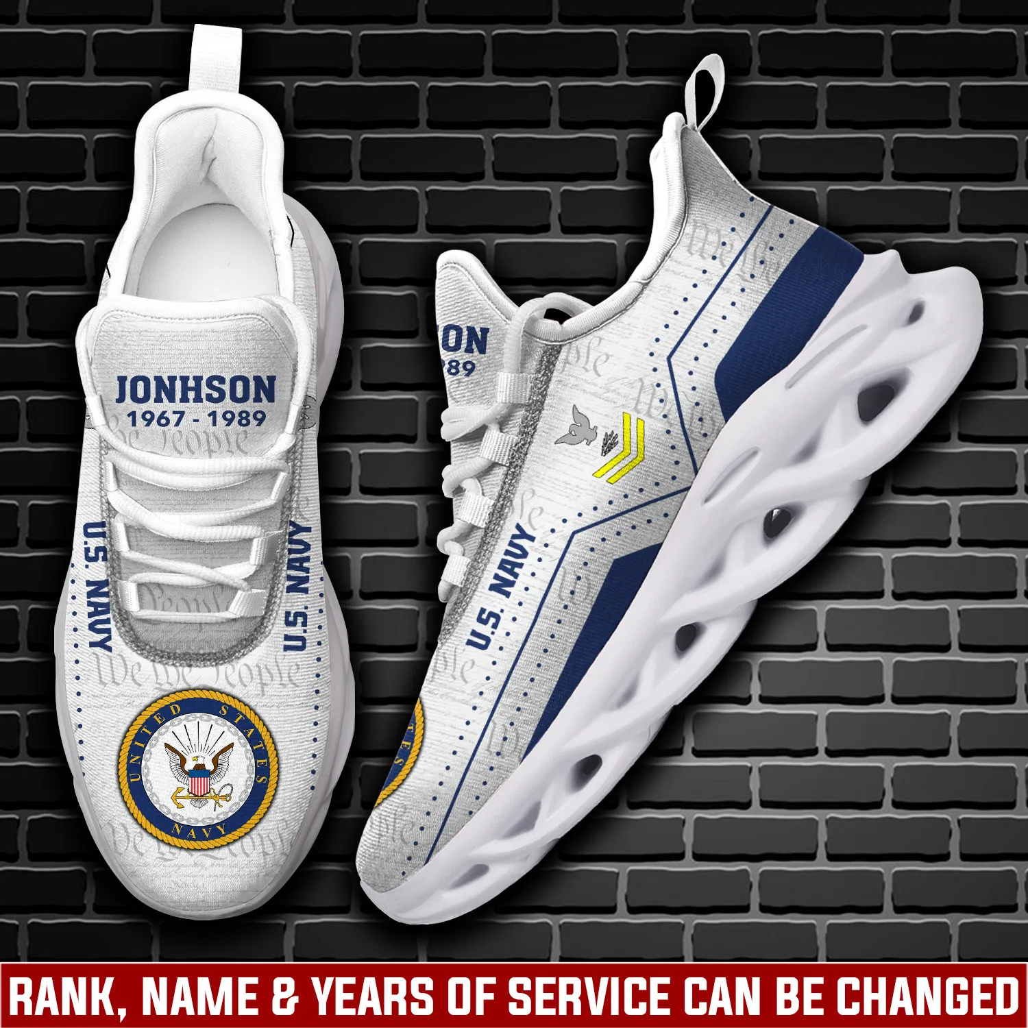 US Navy Always Courageous Max Soul Shoes, Personalized Rating Rank Years of Service and Custom Name Sneakers, Sailor Veteran Gift, White Footwear