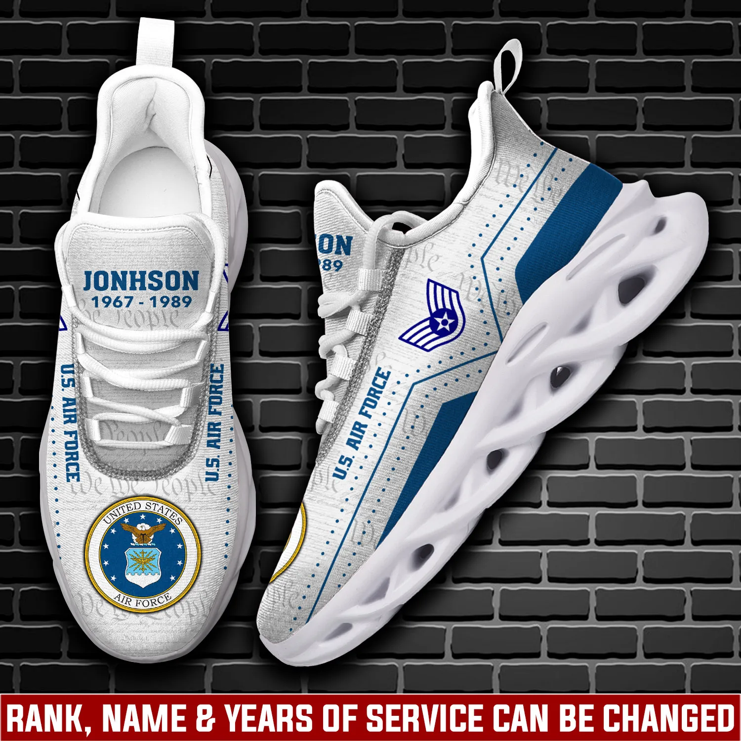 US Air Force Land Of The Free, Because Of The Brave Max Soul Shoes, Personalized Rank Years of Service and Name Sneakers, Airman Veteran Gift