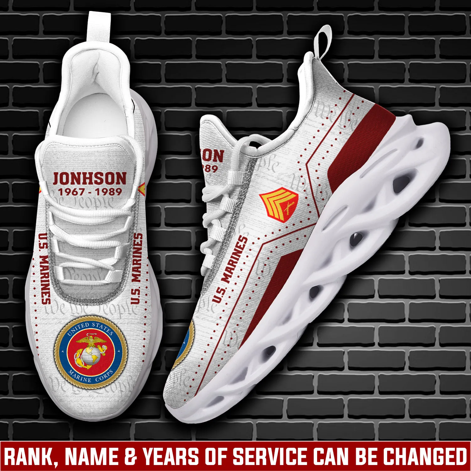 US Marine Corps I Walked The Walk Max Soul Shoes, Personalized Rank Years of Service and Custom Name Sneakers, Veteran Gift, White Red Footwear