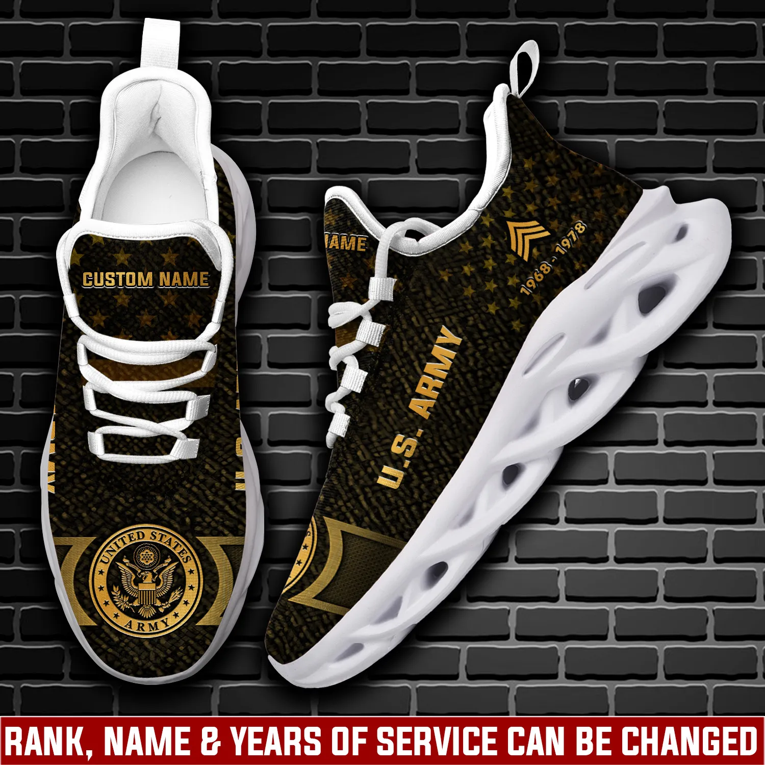 Personalized US Army E-7 Army Master Specialist Max Soul Shoes, Custom Name Rank and Years of Service Gold Star Veteran Sneakers, Army Gift