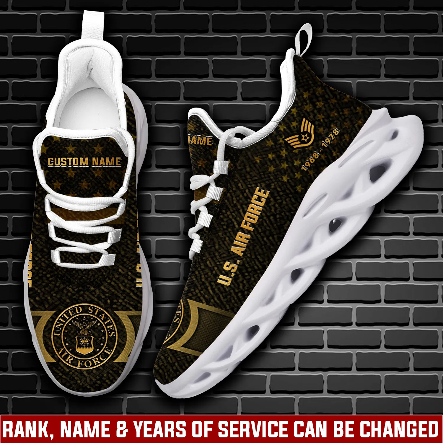 US Air Force No One Fights Alone Max Soul Shoes, Personalized Rank Years of Service and Custom Name Sneakers, Airman Veteran Gift for Grandpa