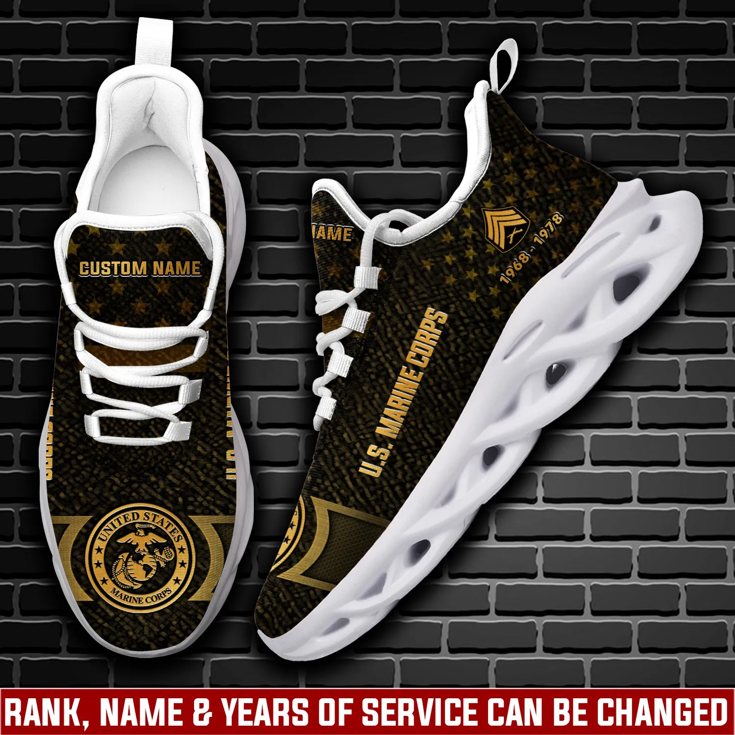 US Marine Corps O-3 Marines Captain Max Soul Shoes, Personalized Rank Years of Service and Name Sneakers, Veteran Gift, Black Gold Footwear