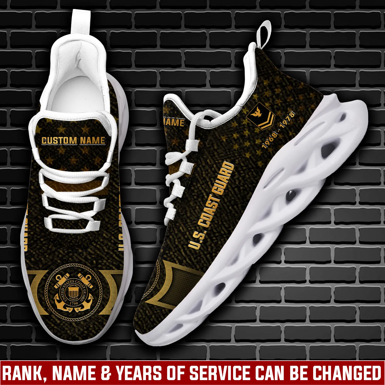 US Coast Guard No One Fights Alone Max Soul Shoes, Personalized Rating Rank Years of Service and Name Sneakers, Coastie Veteran Gift for Dad