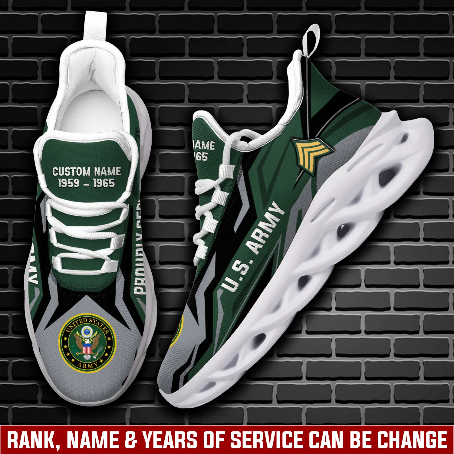 US Army Thank a Veteran Personalized Max Soul Shoes, Custom Name Rank and Years Proudly Served Sneakers, Army Veteran Gift for Dad