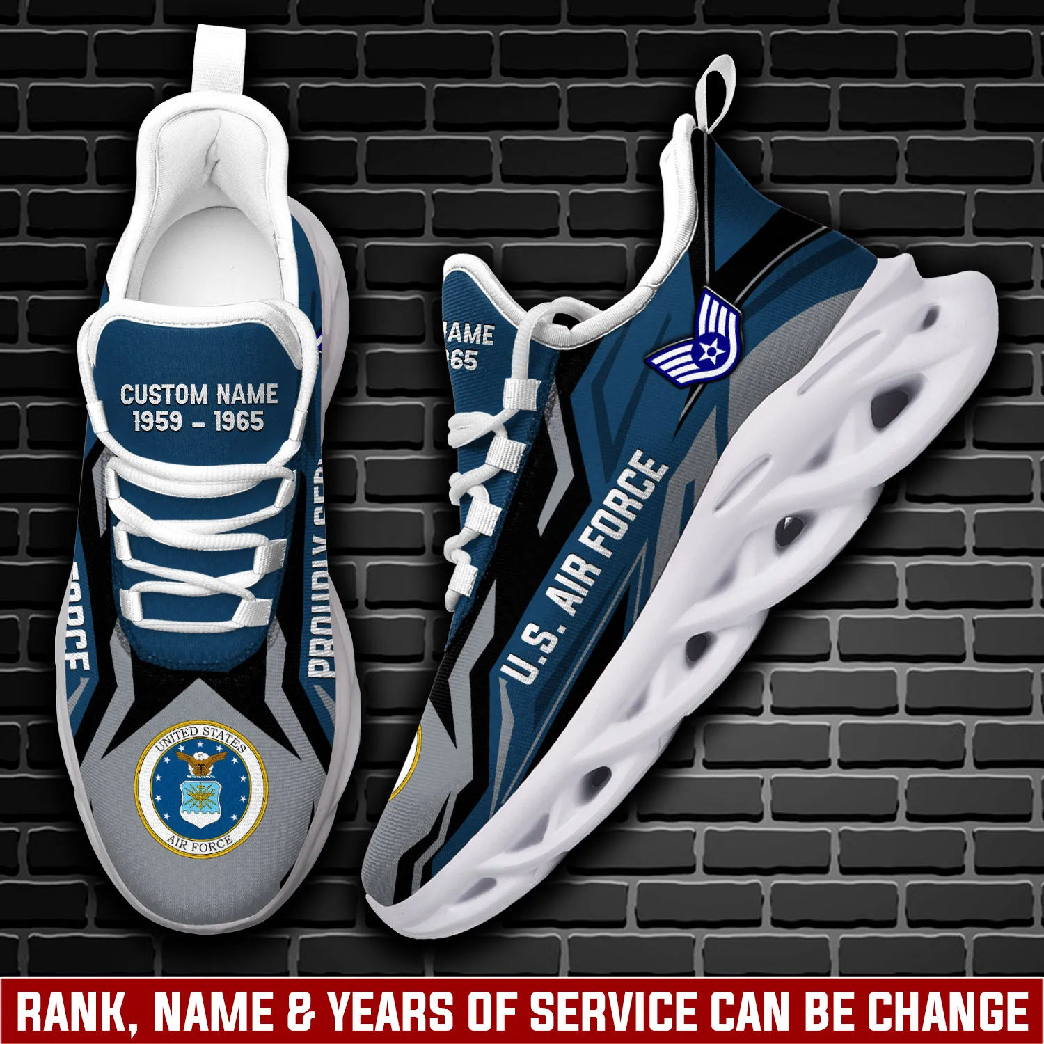 US Air Force E-9 Command Chief Master Sergeant Personalized Max Soul Shoes, Proudly Served Custom Name Airman Sneakers, Veteran Gift