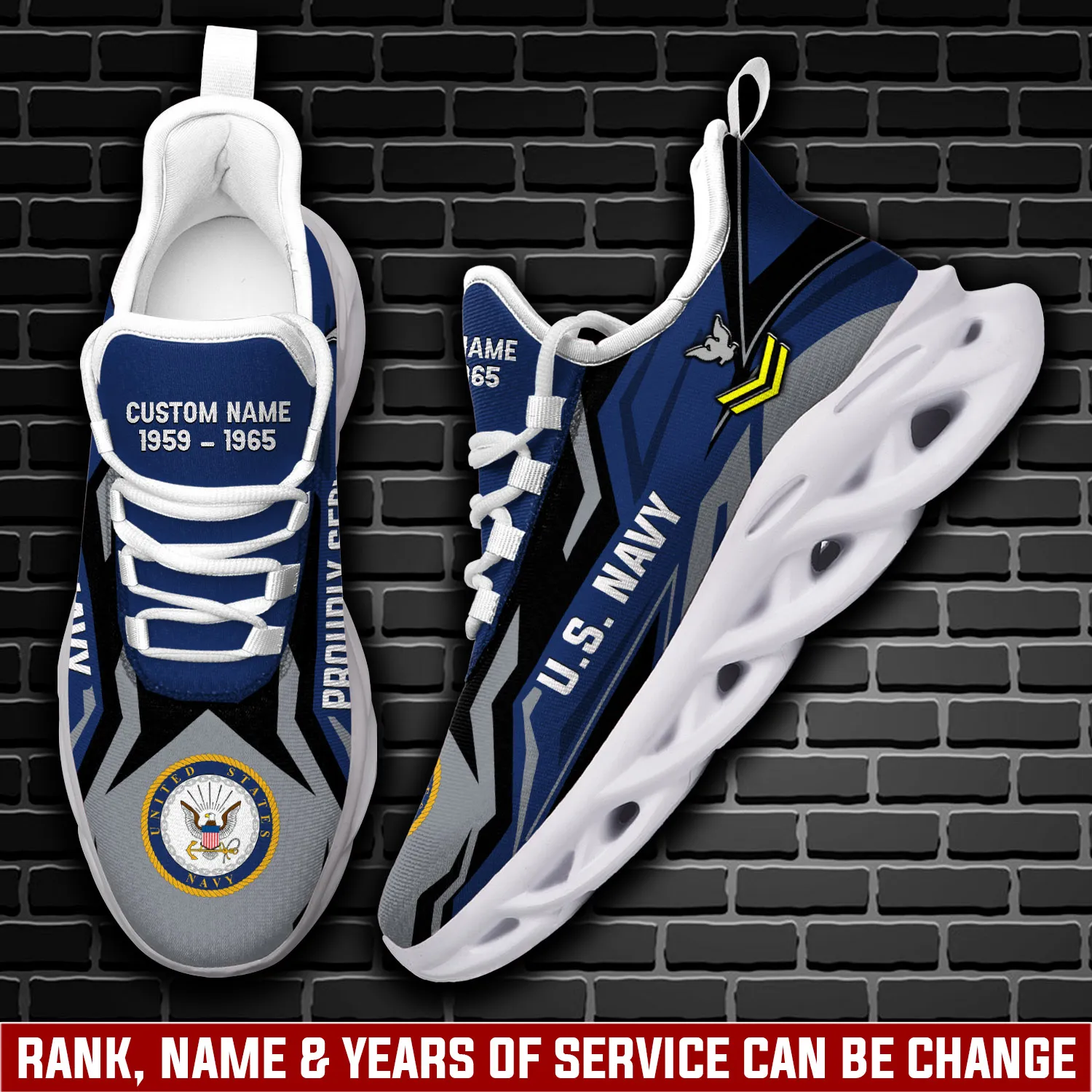 US Navy E-8 Gold Personalized Max Soul Shoes, Proudly Served Custom Name and Rating Sailor Sneakers, Veteran Gift for Grandpa
