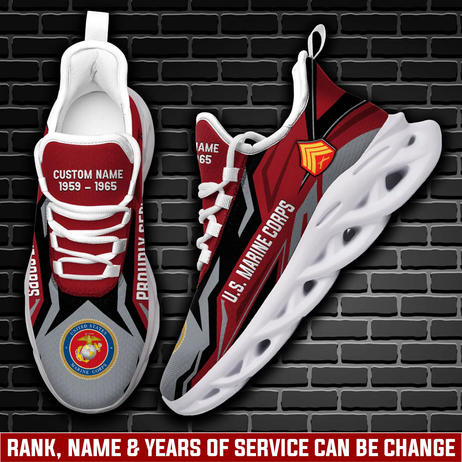 US Marine Corps E-6 Marines Staff Sergeant Personalized Max Soul Shoes, Custom Name and Years of Service, Red and Grey Veteran Sneakers