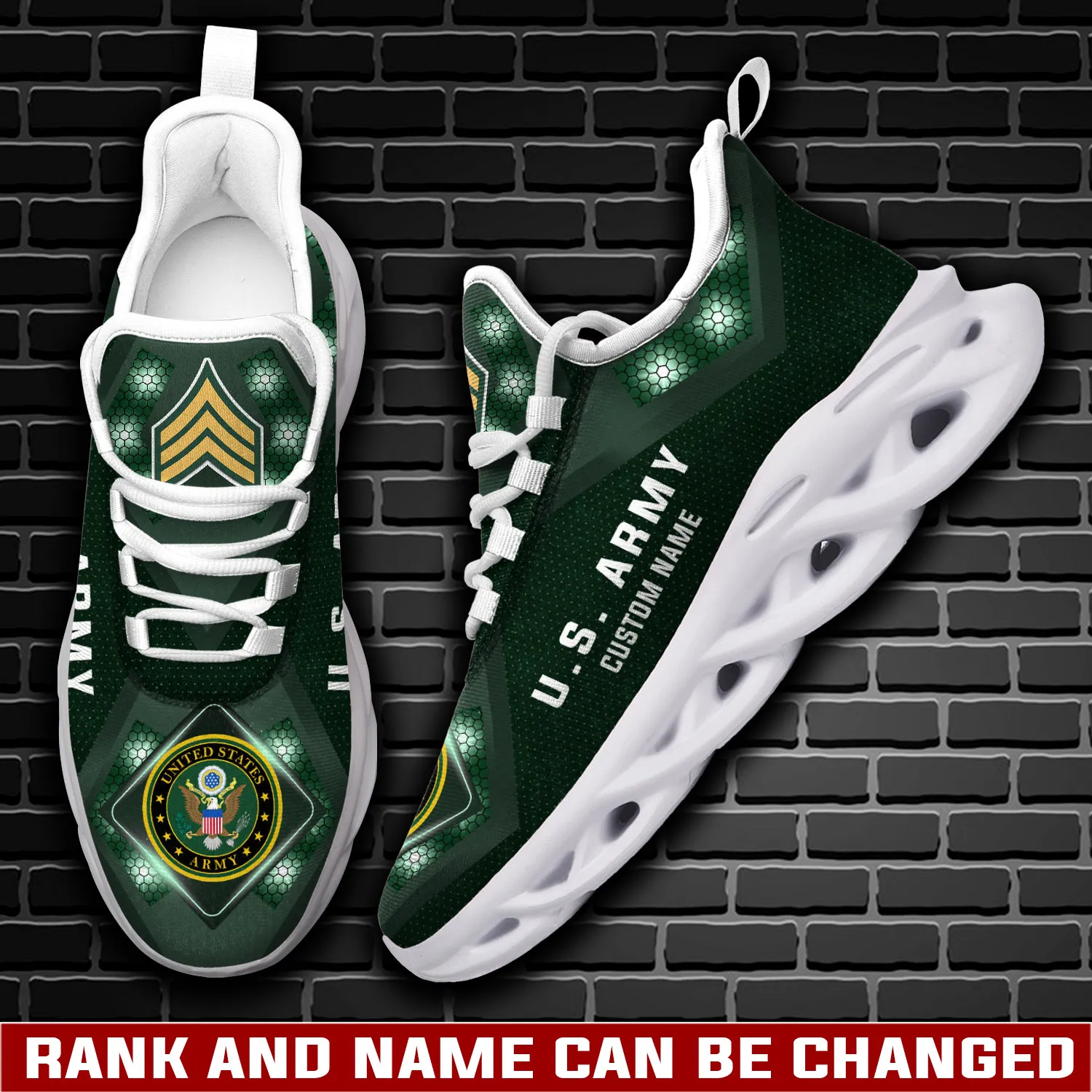 US Army Always Remember, Never Forget Max Soul Shoes, Personalized Rank and Custom Name Sneakers, Soldier Veteran Gift, Green Lace-Up Footwear