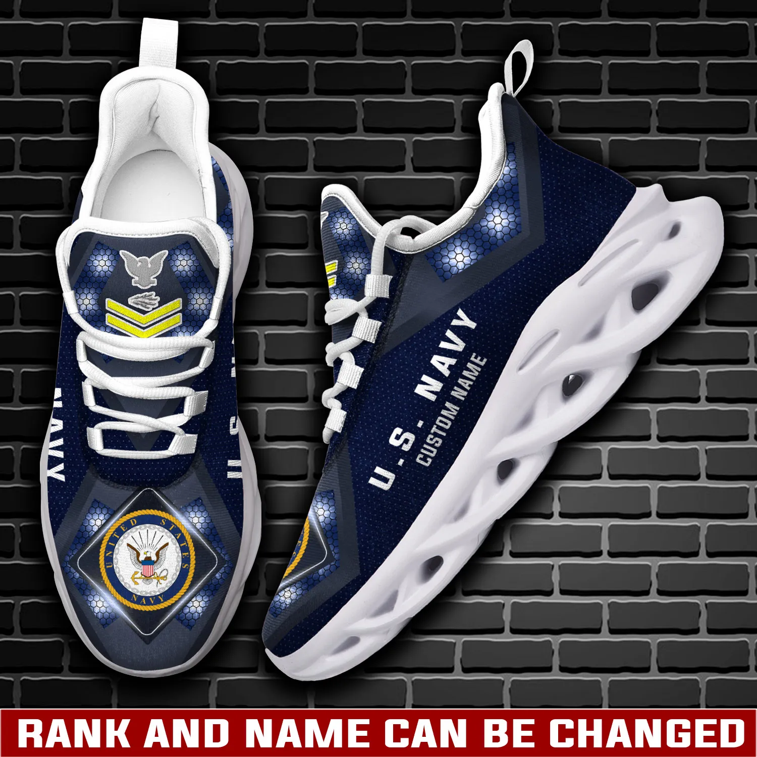 US Navy E-4 Gold Max Soul Shoes, Personalized Rating Rank and Custom Name Sneakers, Petty Officer Gift, Sailor Veteran Blue Hexagon Footwear