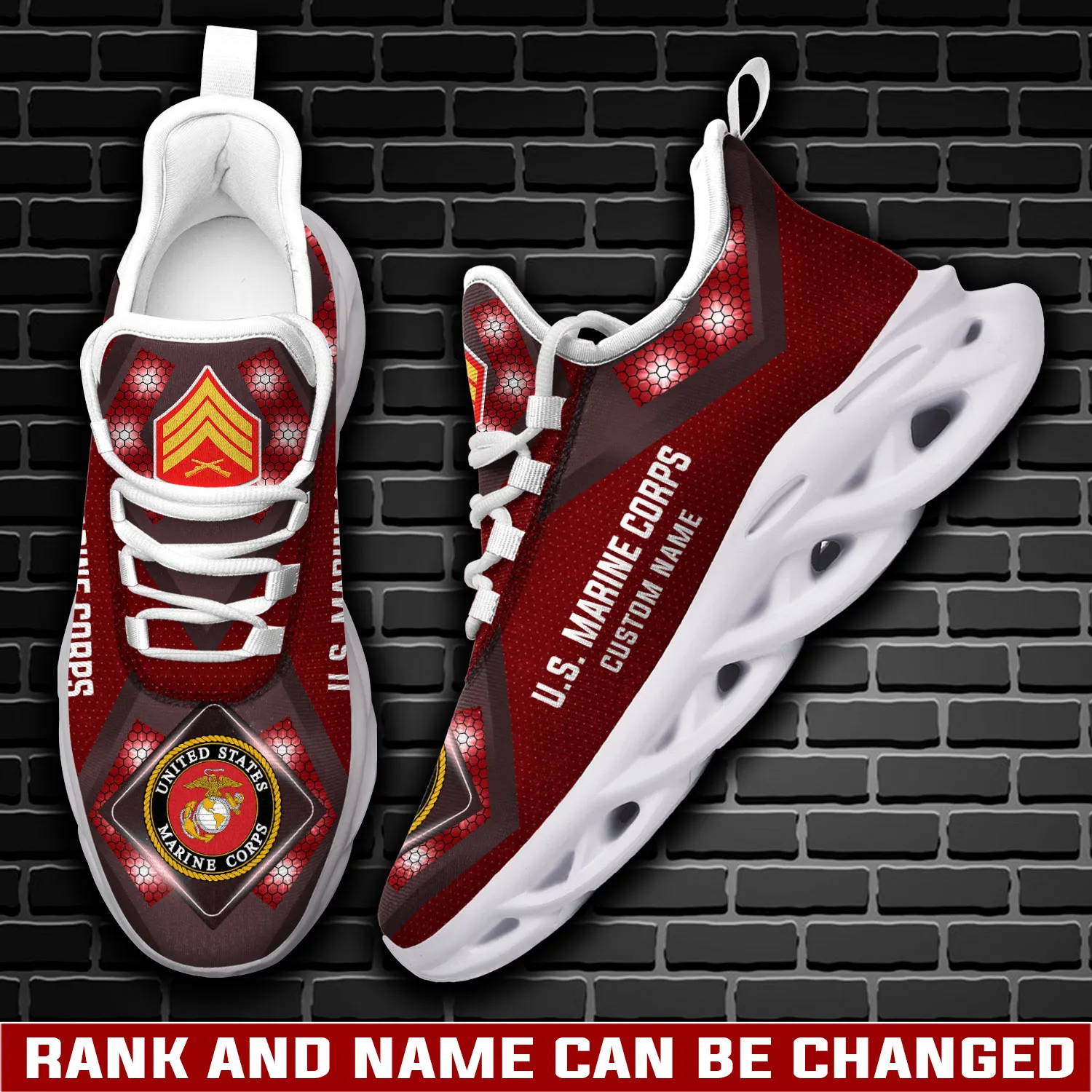 US Marine Corps E-4 Marines Corporal Max Soul Shoes, Personalized Rank and Custom Name Sneakers, Veteran Gift for Him, Red Hexagon Footwear