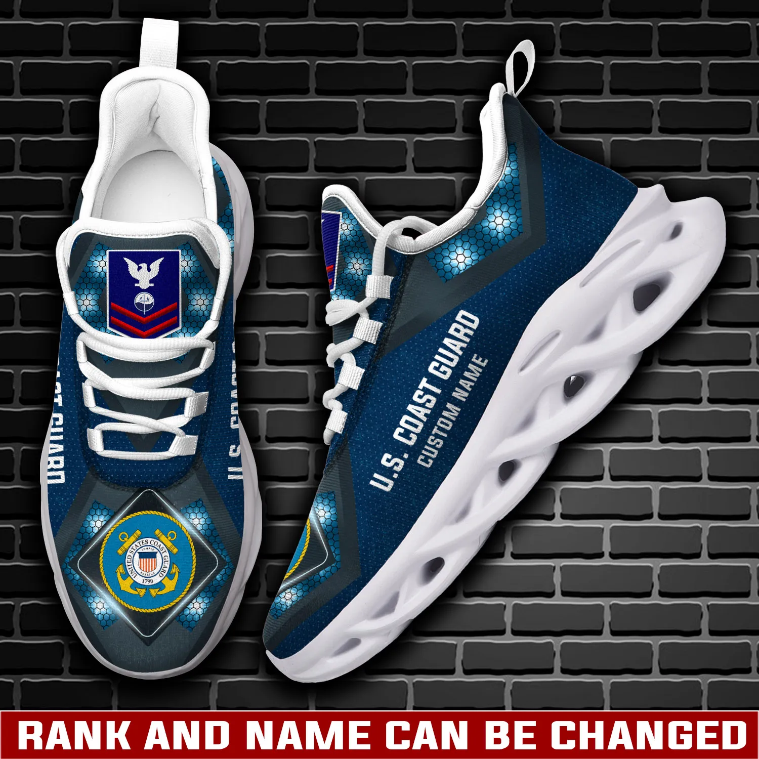 US Coast Guard E-5 Gold Max Soul Shoes, Personalized Rating Rank and Custom Name Sneakers, Petty Officer Gift, Coastie Veteran Walking Footwear