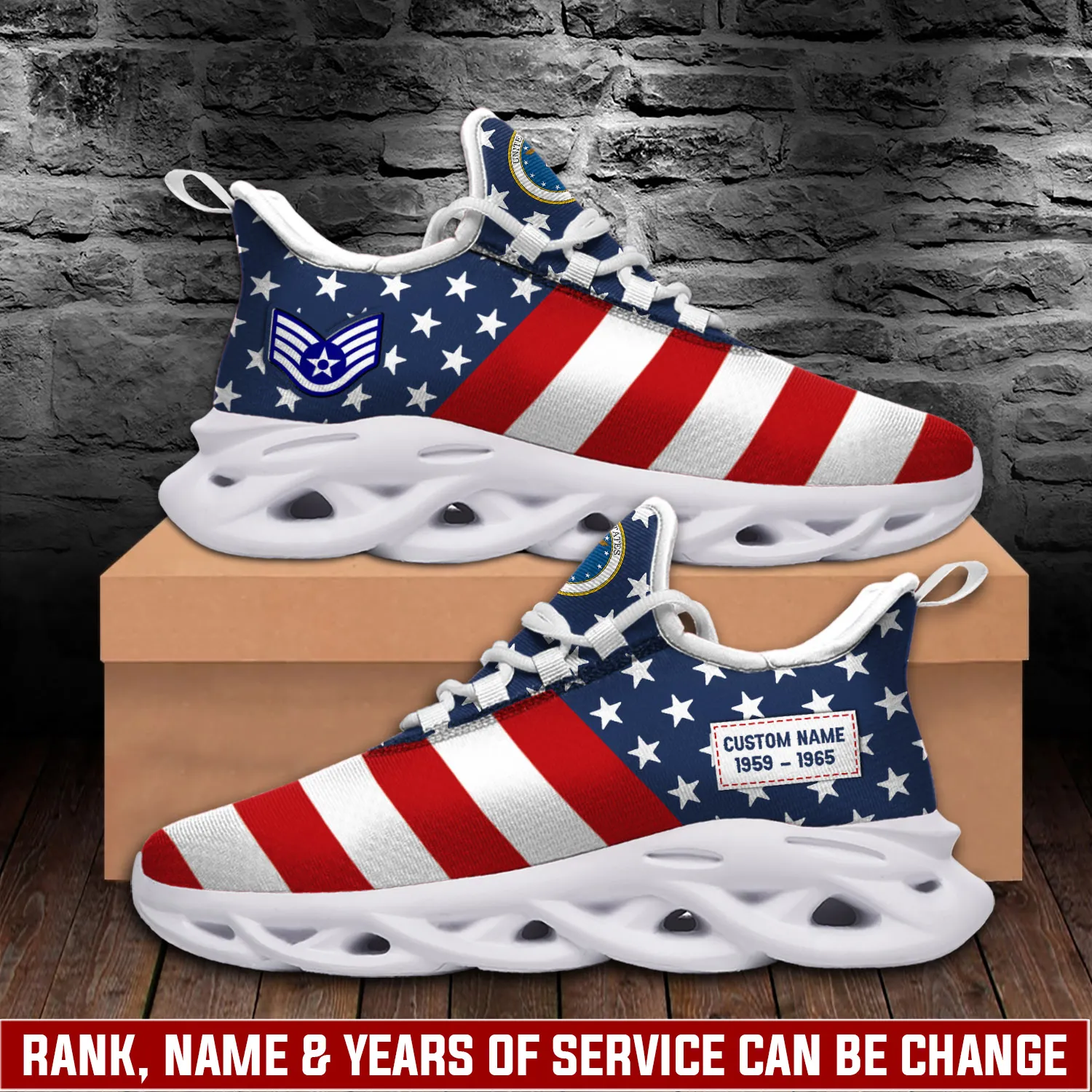 US Air Force E-6 Air Force Technical Sergeant Max Soul Shoes, Personalized Rank and Name Flag Sneakers, Veteran Gift for Airmen