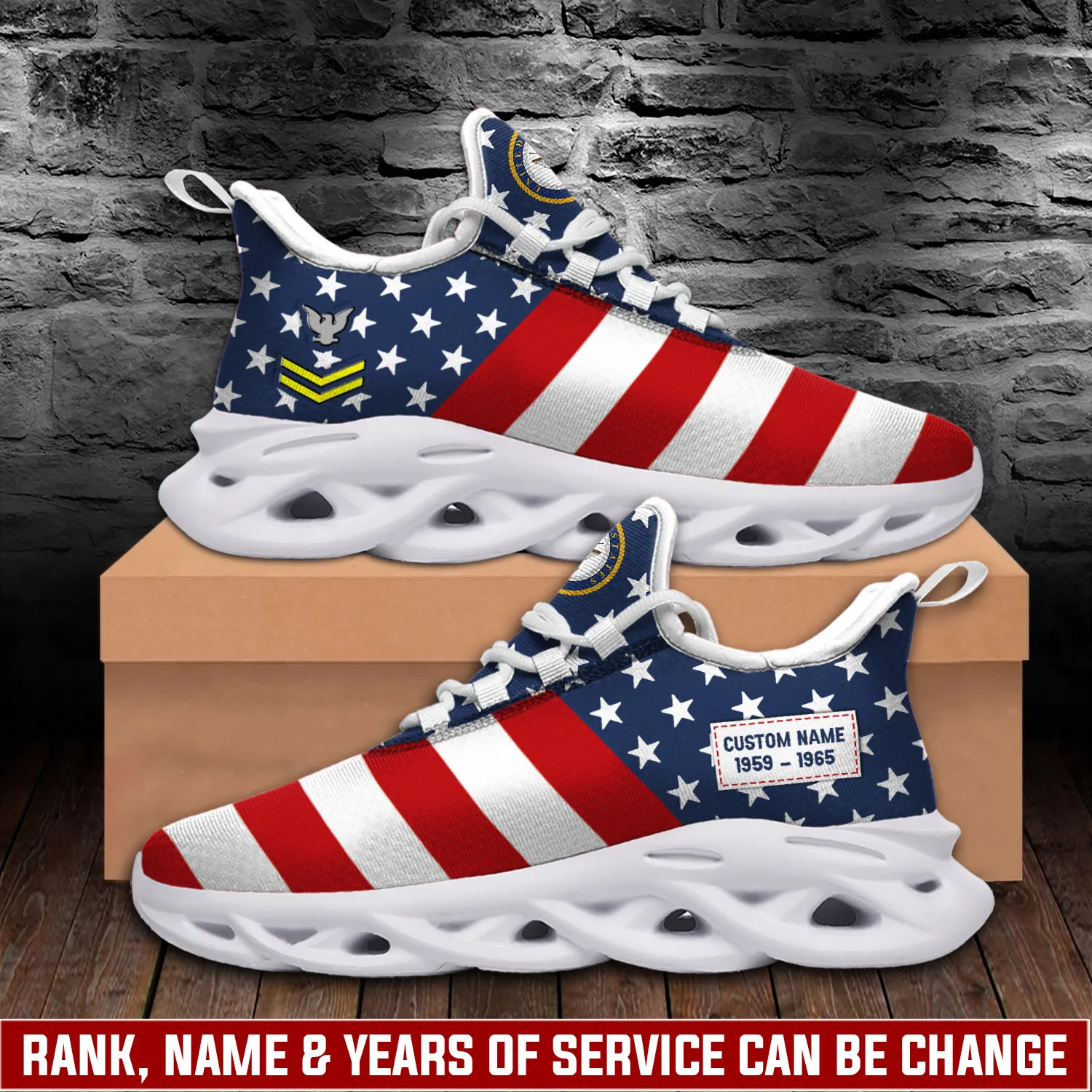 US Navy E-5 Gold Max Soul Shoes, Personalized Rating, Rank and Name Stars and Stripes Sneakers, Patriotic Gift for Sailors