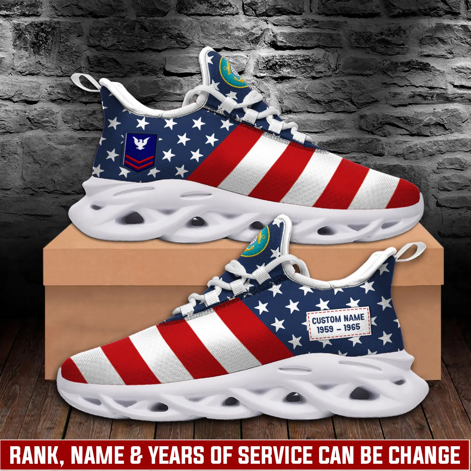 US Coast Guard E-3 White Personalized Max Soul Shoes, Custom Name, Rating, Rank and Years of Service, Stars and Stripes Veteran Sneakers