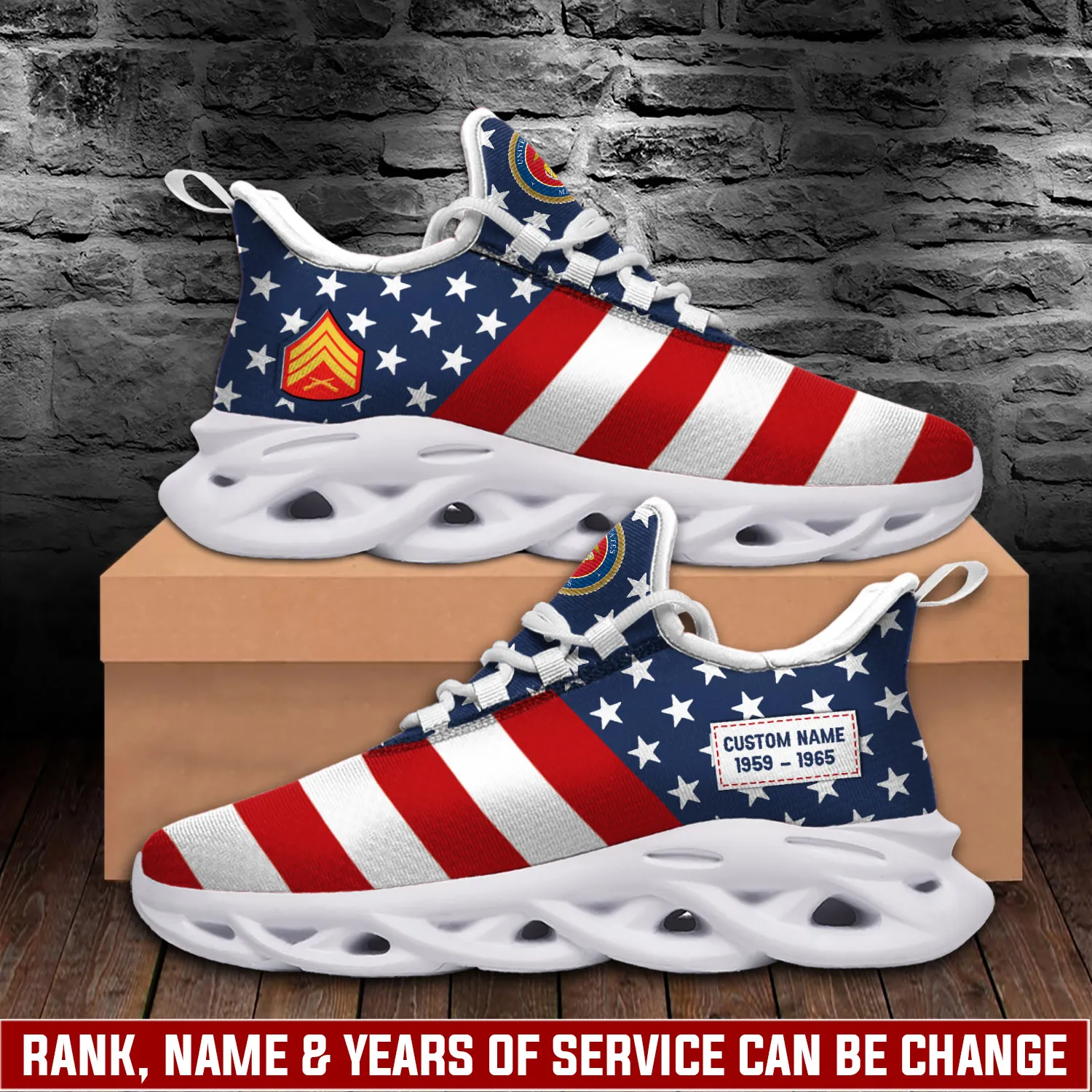 US Marine Corps O-3 Marines Captain Max Soul Shoes, Personalized Rank and Name American Flag Sneakers, Veteran Gift for Dad