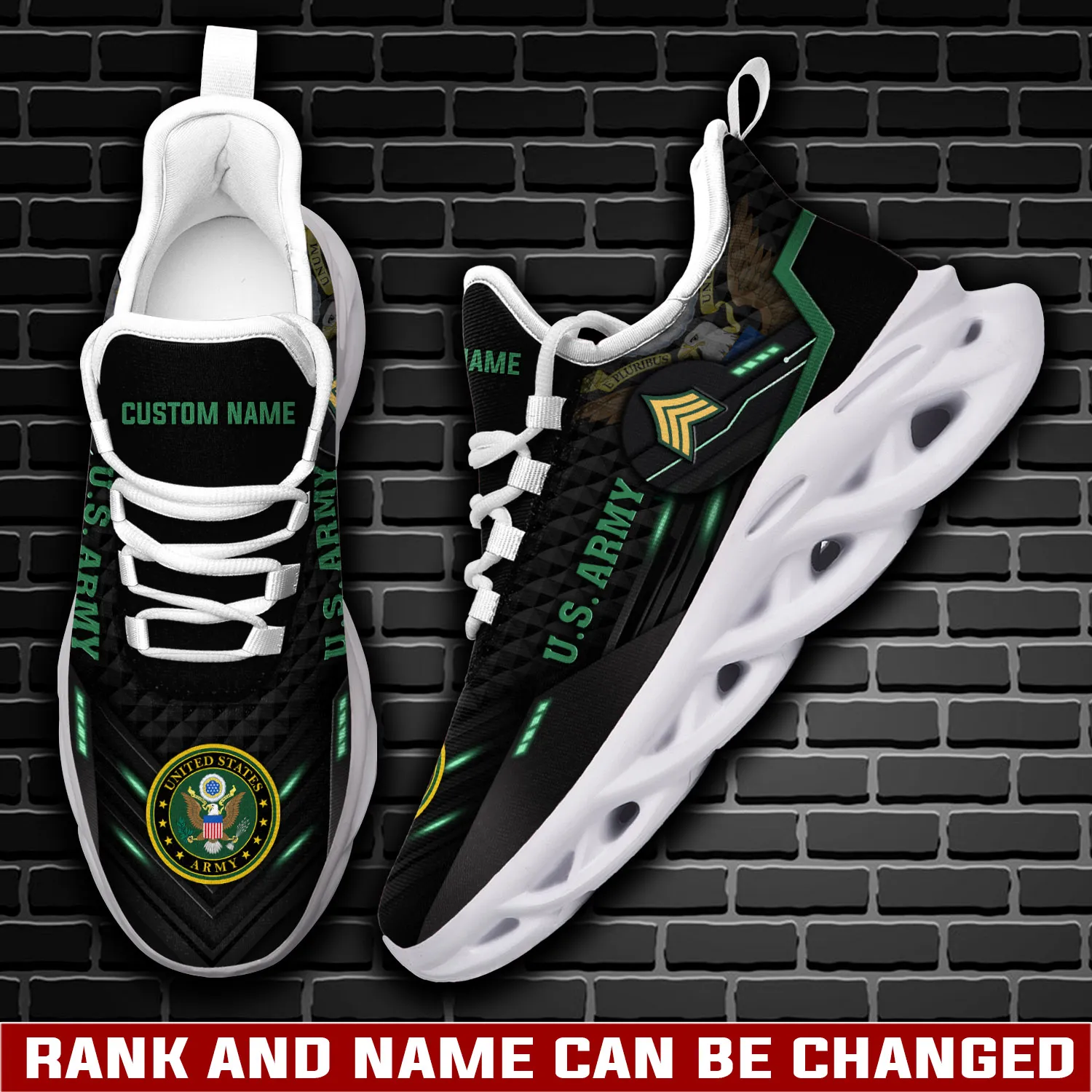 US Army Served With Pride Max Soul Shoes, Personalized Rank and Custom Name Sneakers, Soldier Veteran Gift for Grandpa, Everyday Walking Footwear