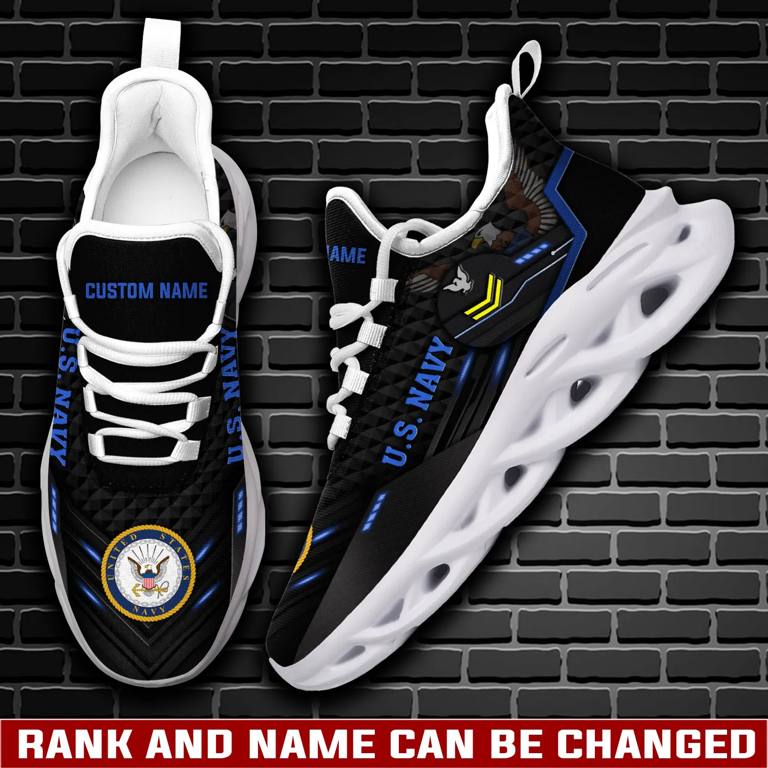 Personalized US Navy Freedom Over Fear Max Soul Shoes, Custom Name Rating and Rank Black Blue Veteran Sneakers, Military Gift for Sailors