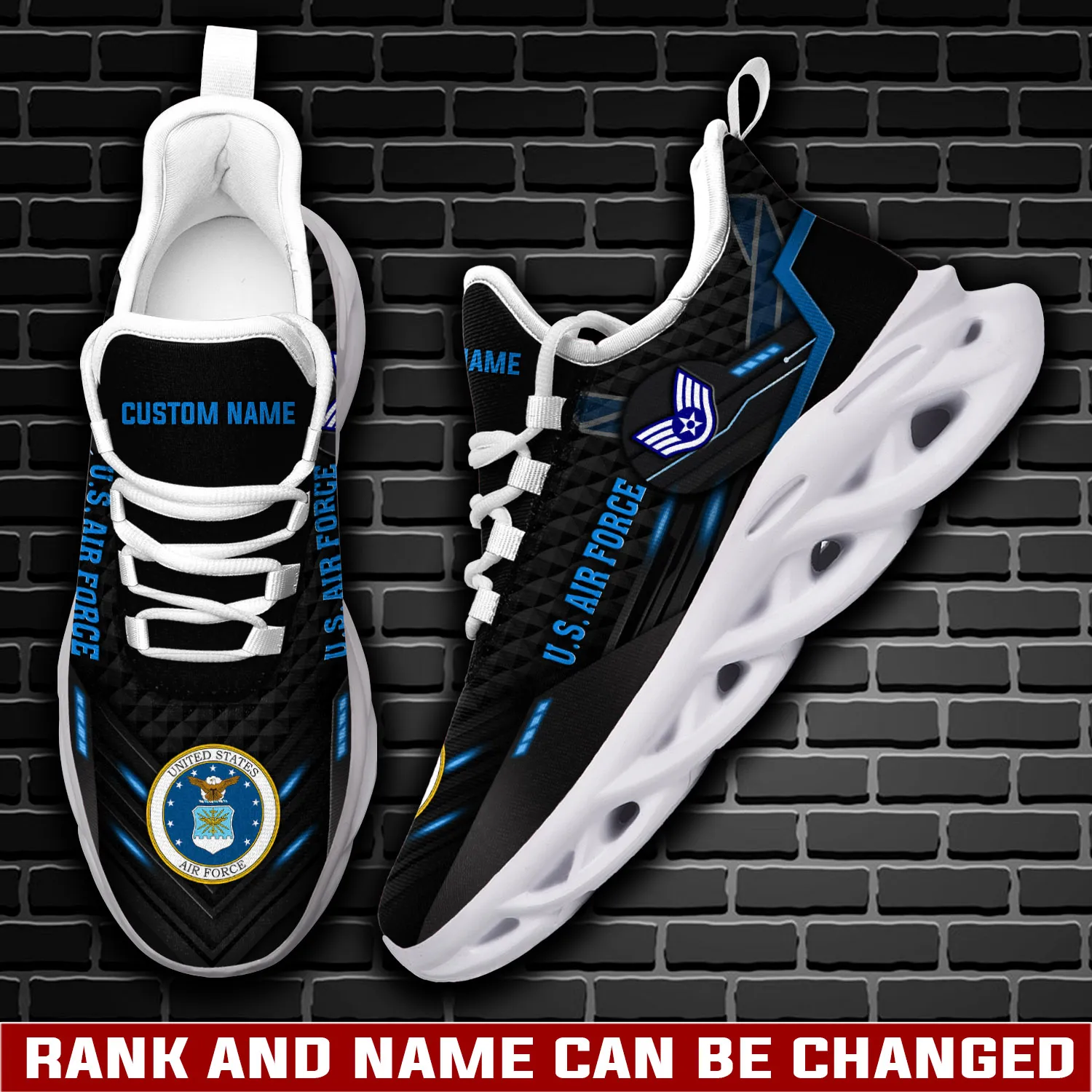 Personalized US Air Force E-2 Air Force Airman Max Soul Shoes, Custom Name and Rank Black Blue Veteran Sneakers, Military Gift for Dad