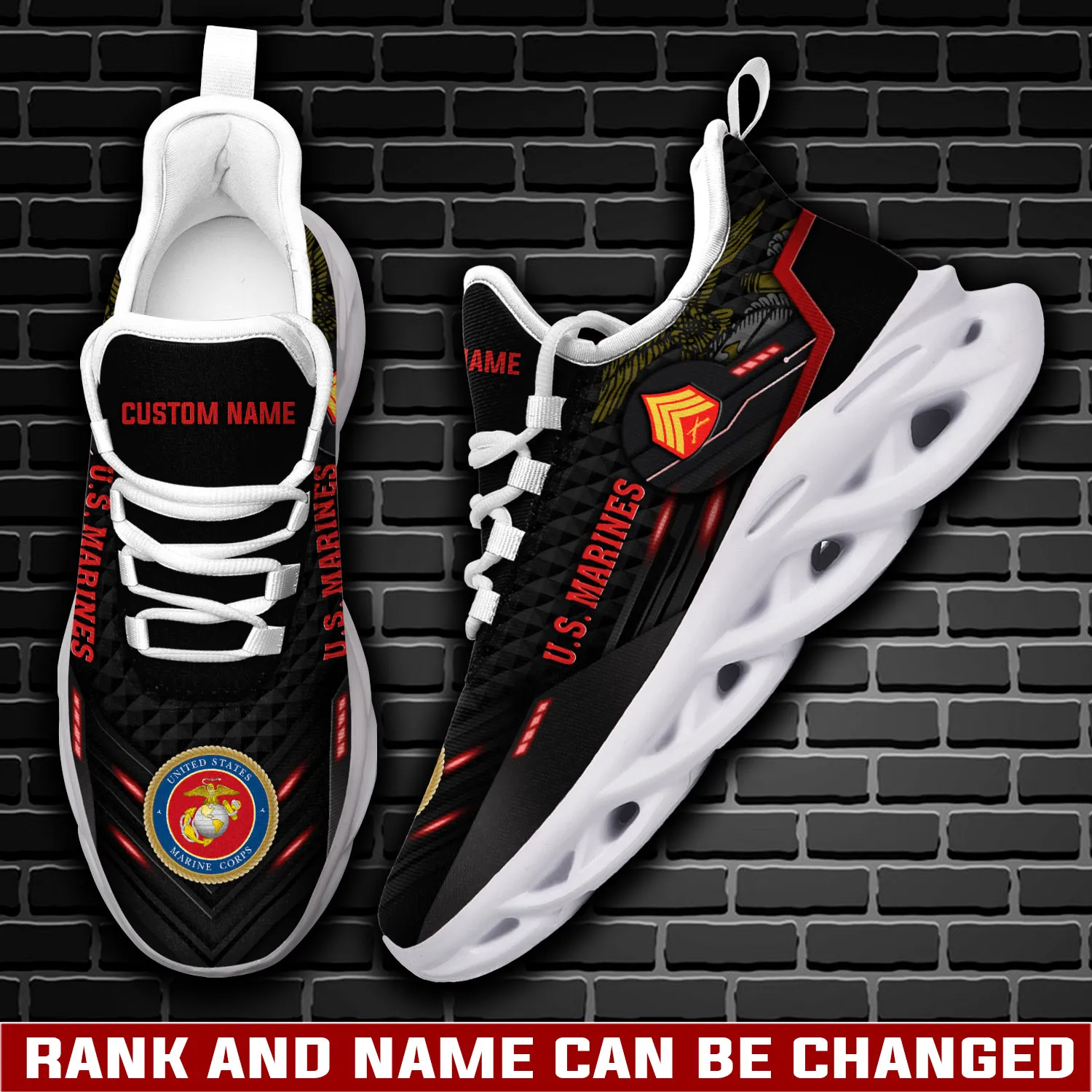US Marine Corps W-4 Marines Chief Warrant Officer 4 Personalized Max Soul Shoes, Custom Name and Rank Black Veteran Sneakers