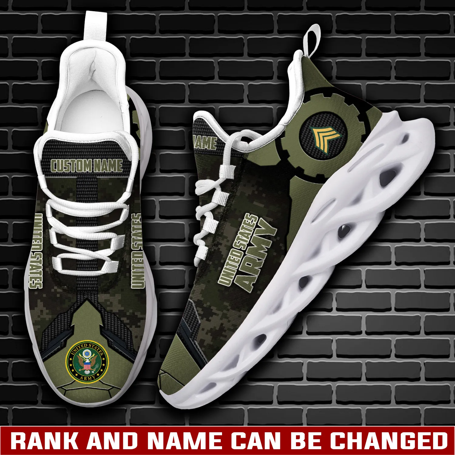 US Army All Gave Some, Some Gave All Max Soul Shoes, Personalized Rank and Custom Name Sneakers, Soldier Veteran Gift, Olive Camo Footwear
