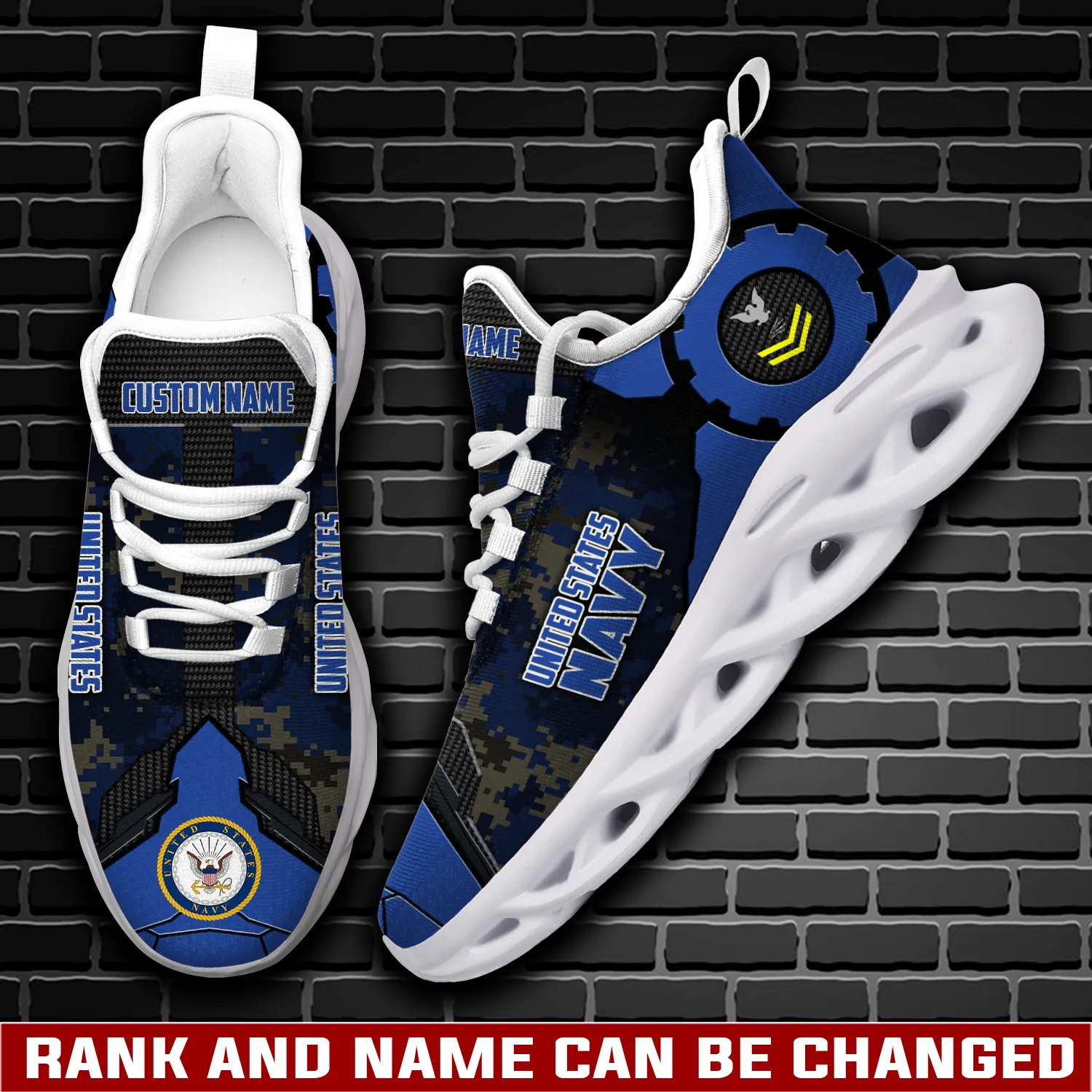 Personalized US Navy E-7 Red Max Soul Shoes, Custom Name Rating and Rank Digital Camo Veteran Sneakers, Military Gift for Sailors and Dad
