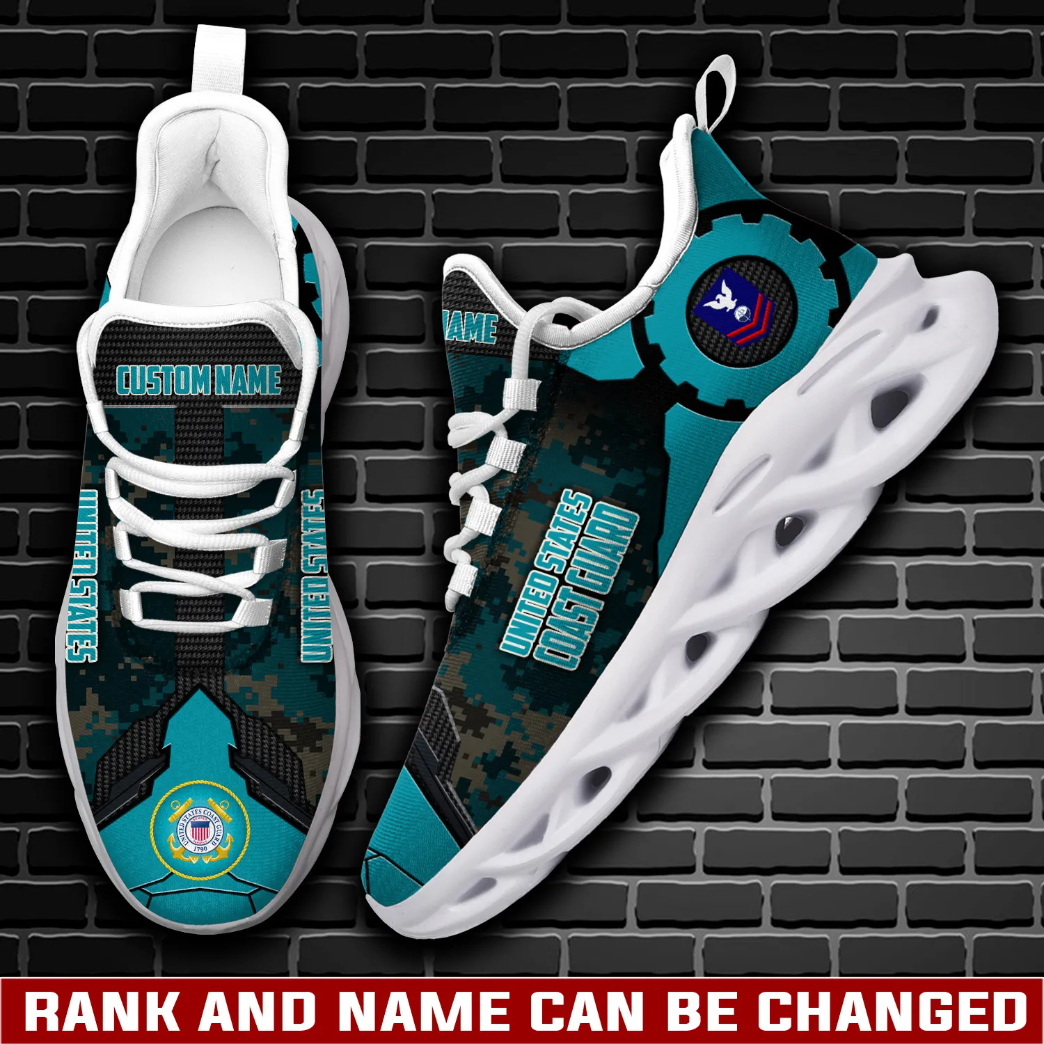 US Coast Guard E-3 White Max Soul Shoes, Personalized Rating Rank and Custom Name Sneakers, Coastie Veteran Gift, Digital Camo Lace-Up Footwear