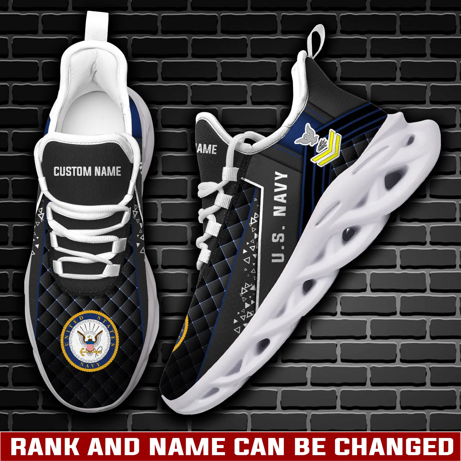 US Navy Freedom Over Fear Max Soul Shoes, Personalized Rank Rating and Custom Name Sneakers, Sailor Veteran Gift for Dad, Military Footwear