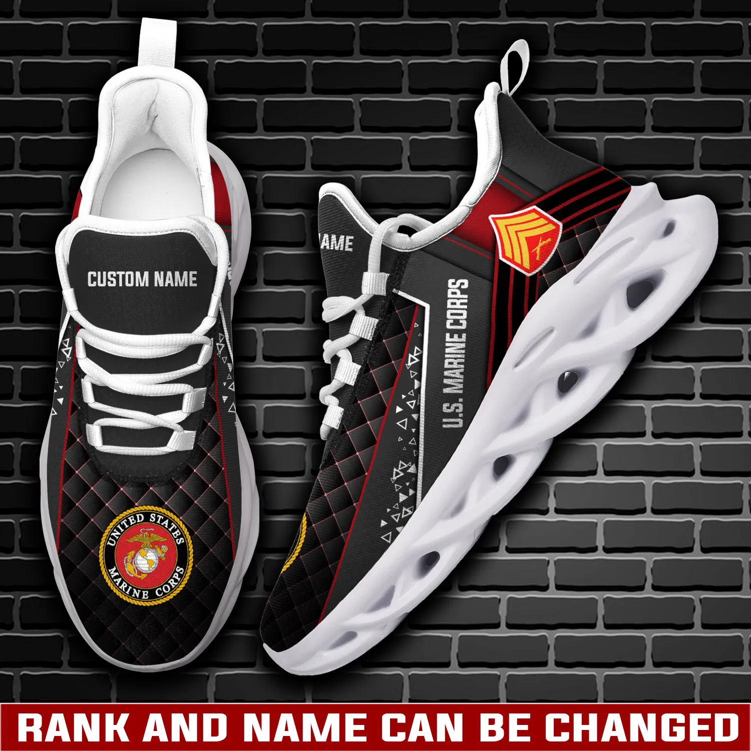 Personalized US Marine Corps O-4 Marines Major Max Soul Shoes, Custom Name and Rank Quilted Black Sneakers, USMC Officer Veteran Gift