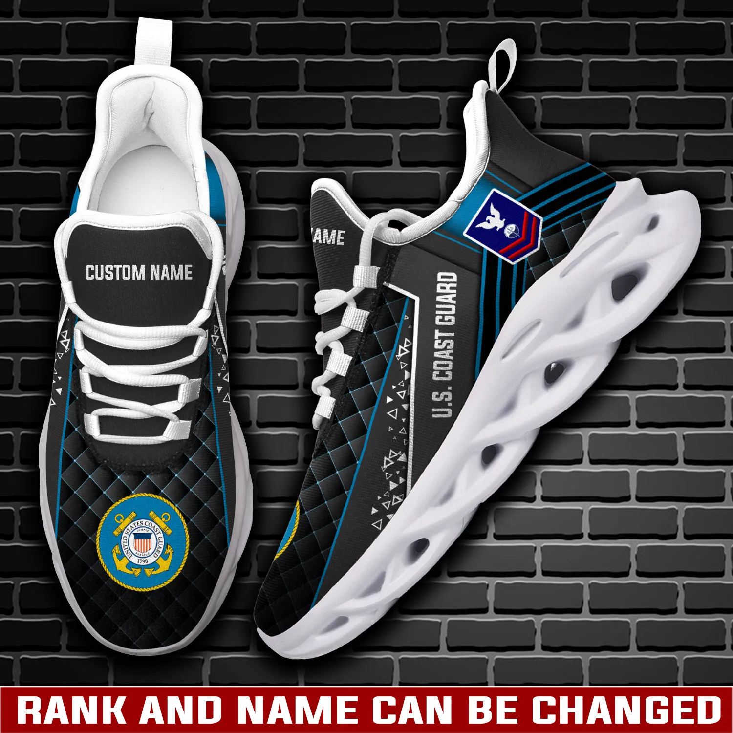 Personalized US Coast Guard E-6 Red Max Soul Shoes, Custom Name, Rank and Rating Quilted Black Sneakers, Coast Guard Veteran Gift
