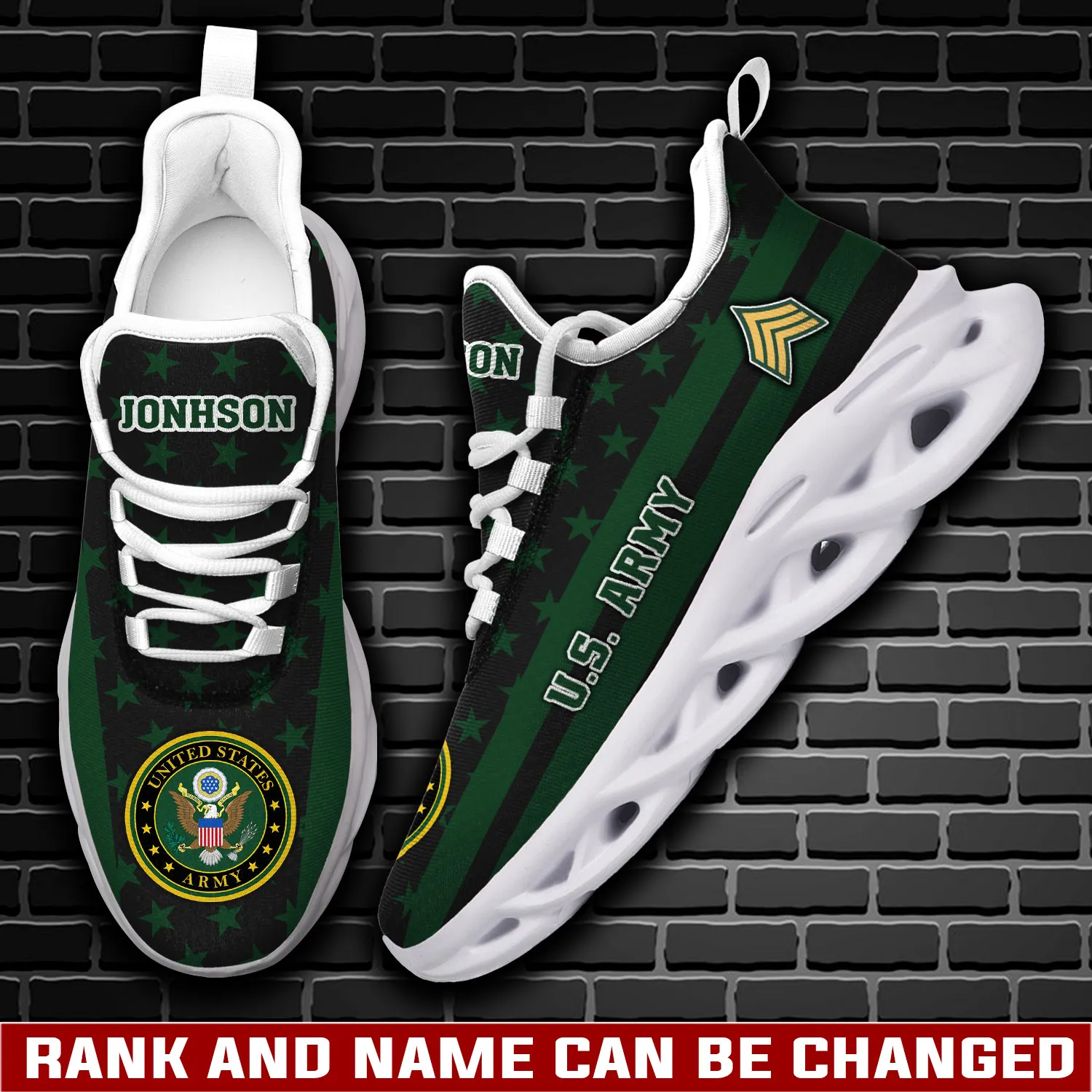 Personalized US Army American By Birth, Veteran By Choice Max Soul Shoes, Custom Name and Rank Sneakers, Army Veteran Gift for Him