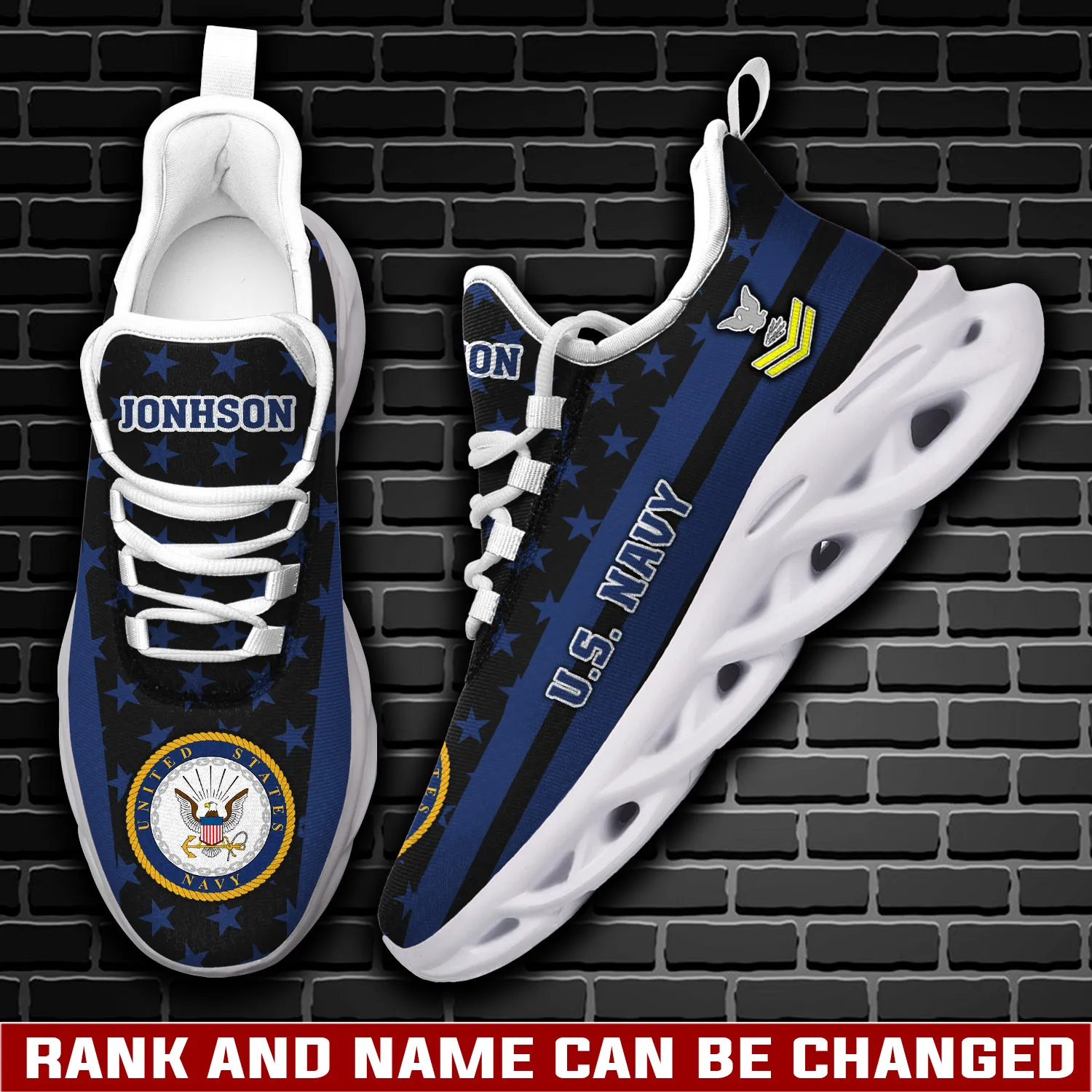 US Navy Remember Honor Respect Max Soul Shoes, Personalized Rating, Rank and Custom Name, Veteran Stars and Stripes Sneakers, Sailor Gift
