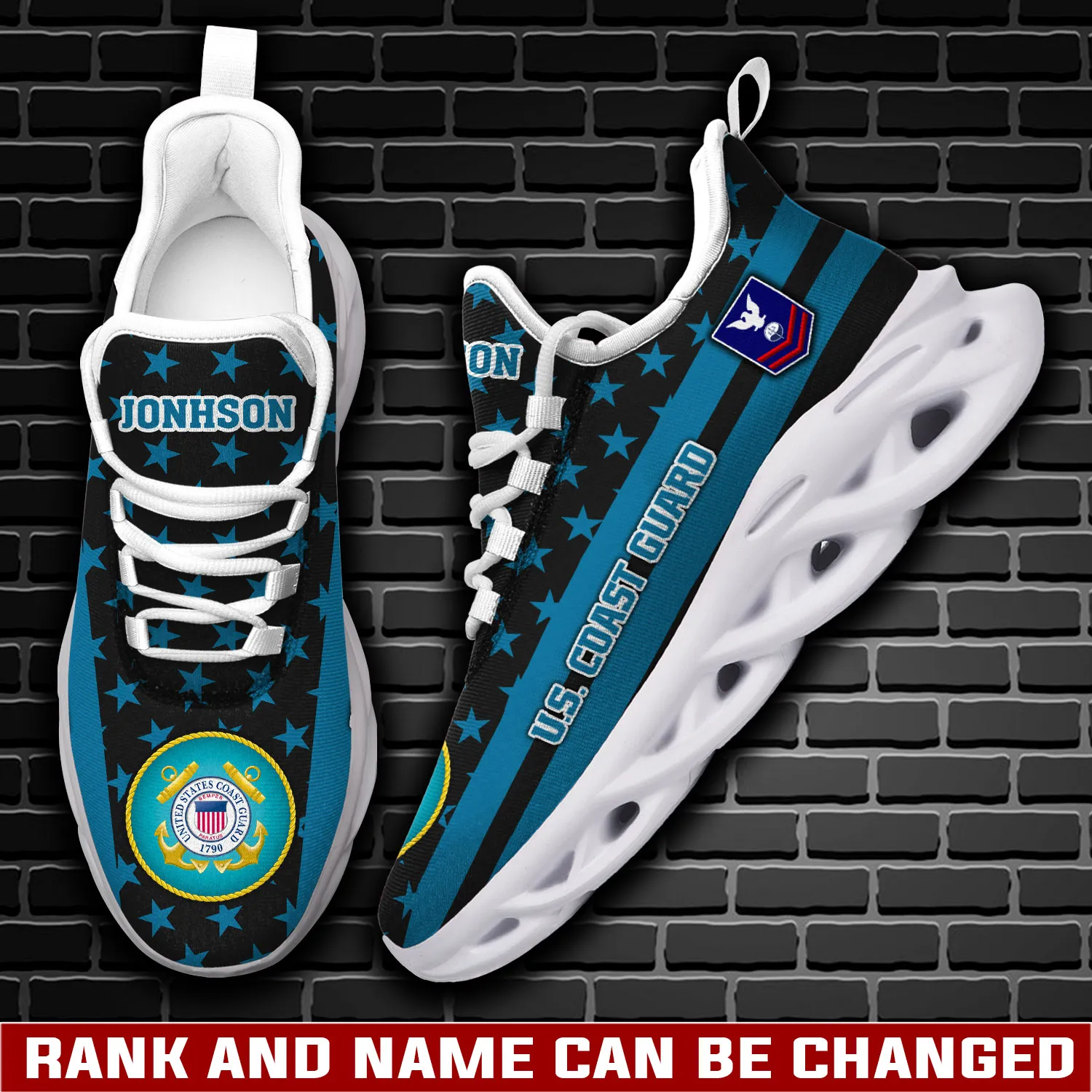 Personalized US Coast Guard Always Ready Max Soul Shoes, Custom Name, Rank and Rating Stars and Stripes Sneakers, Coast Guard Veteran Gift