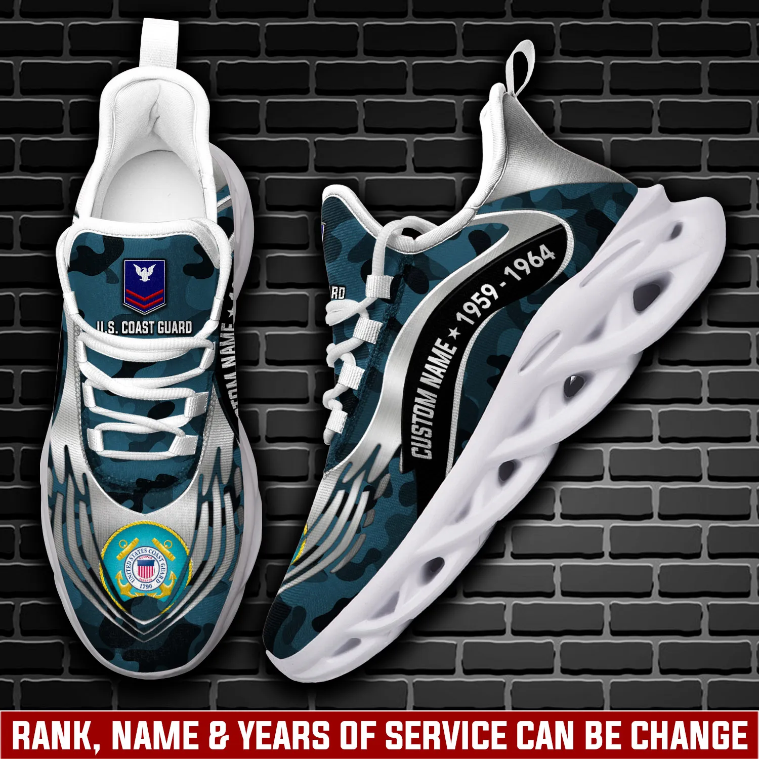 US Coast Guard E-6 Red Personalized Max Soul Shoes, Custom Name, Rating, Rank and Years of Service, Teal Camo Veteran Sneakers for Coasties