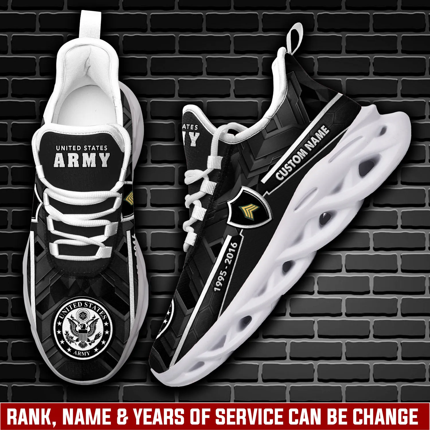 US Army Freedom Isn't Free Max Soul Shoes, Personalized Rank Name and Years of Service, Army Veteran Sneakers, Military Gift for Dad