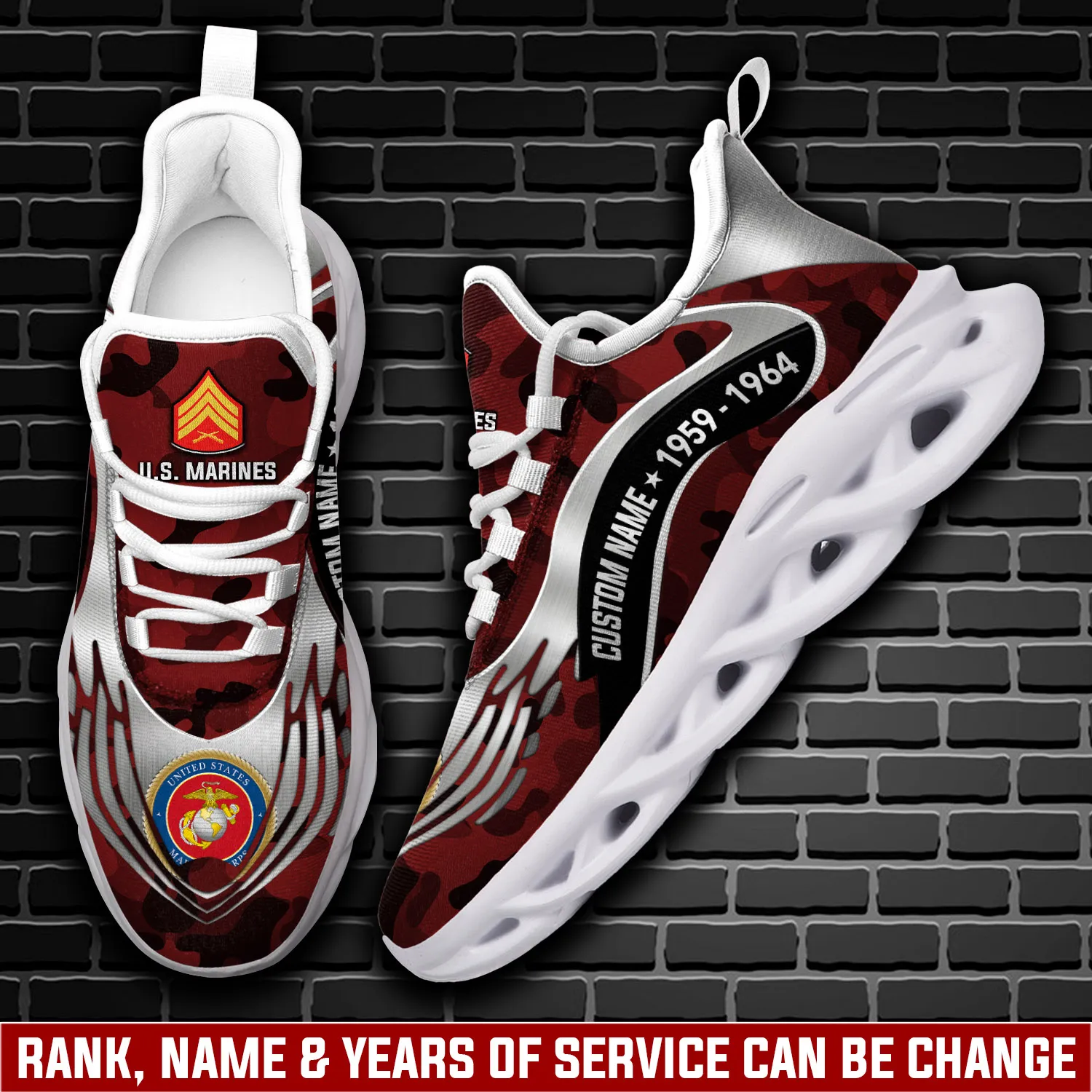 US Marine Corps W-4 Marines Chief Warrant Officer 4 Personalized Max Soul Shoes, Red Camo Custom Name Veteran Sneakers, Military Gift