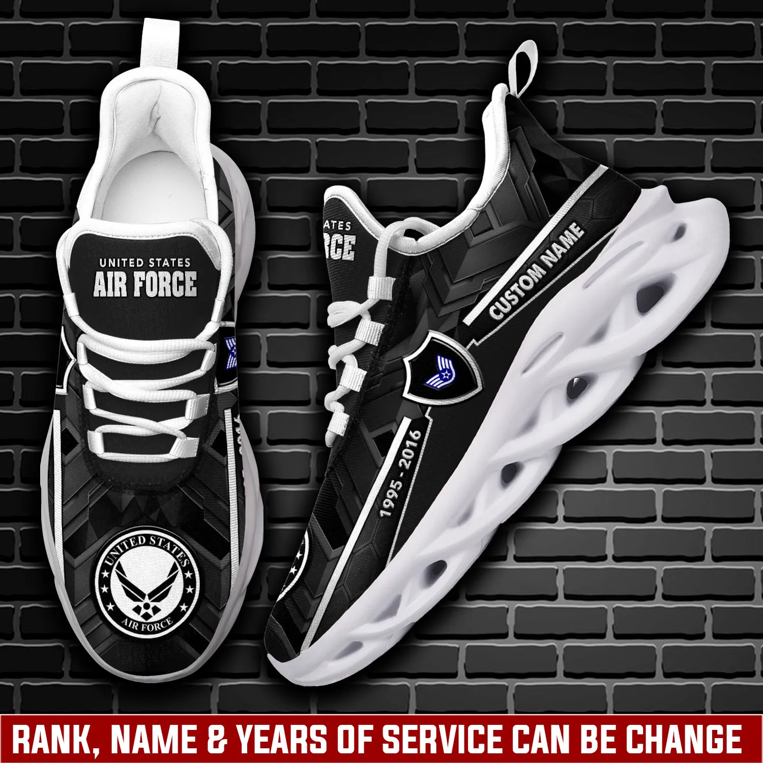 Personalized US Air Force Aim High Fly-Fight-Win Max Soul Shoes, Custom Name, Rank and Years of Service Sneakers, Air Force Veteran Gift