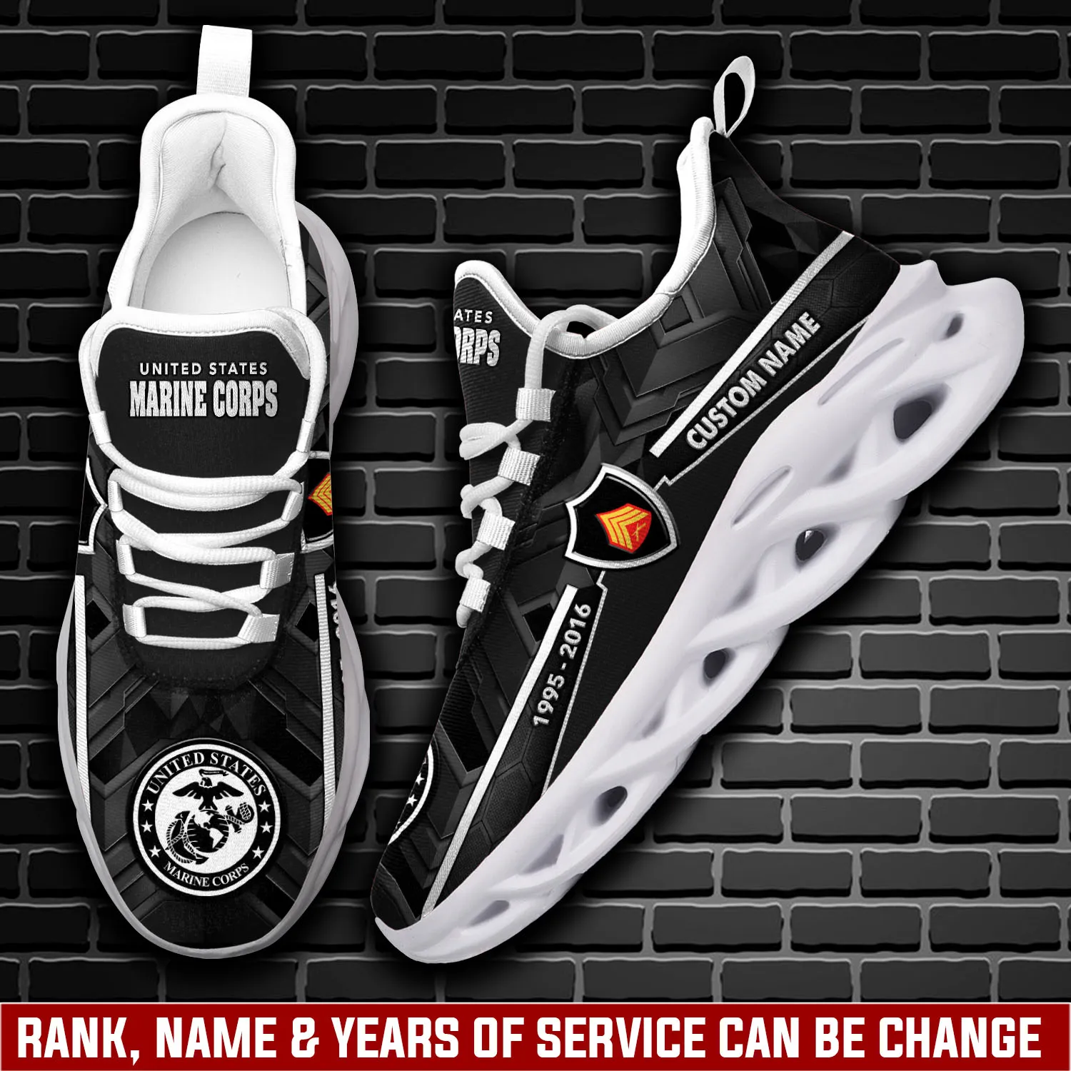 US Marine Corps Remember Honor Respect Max Soul Shoes, Personalized Rank Name and Years of Service, USMC Veteran Sneakers, Gift
