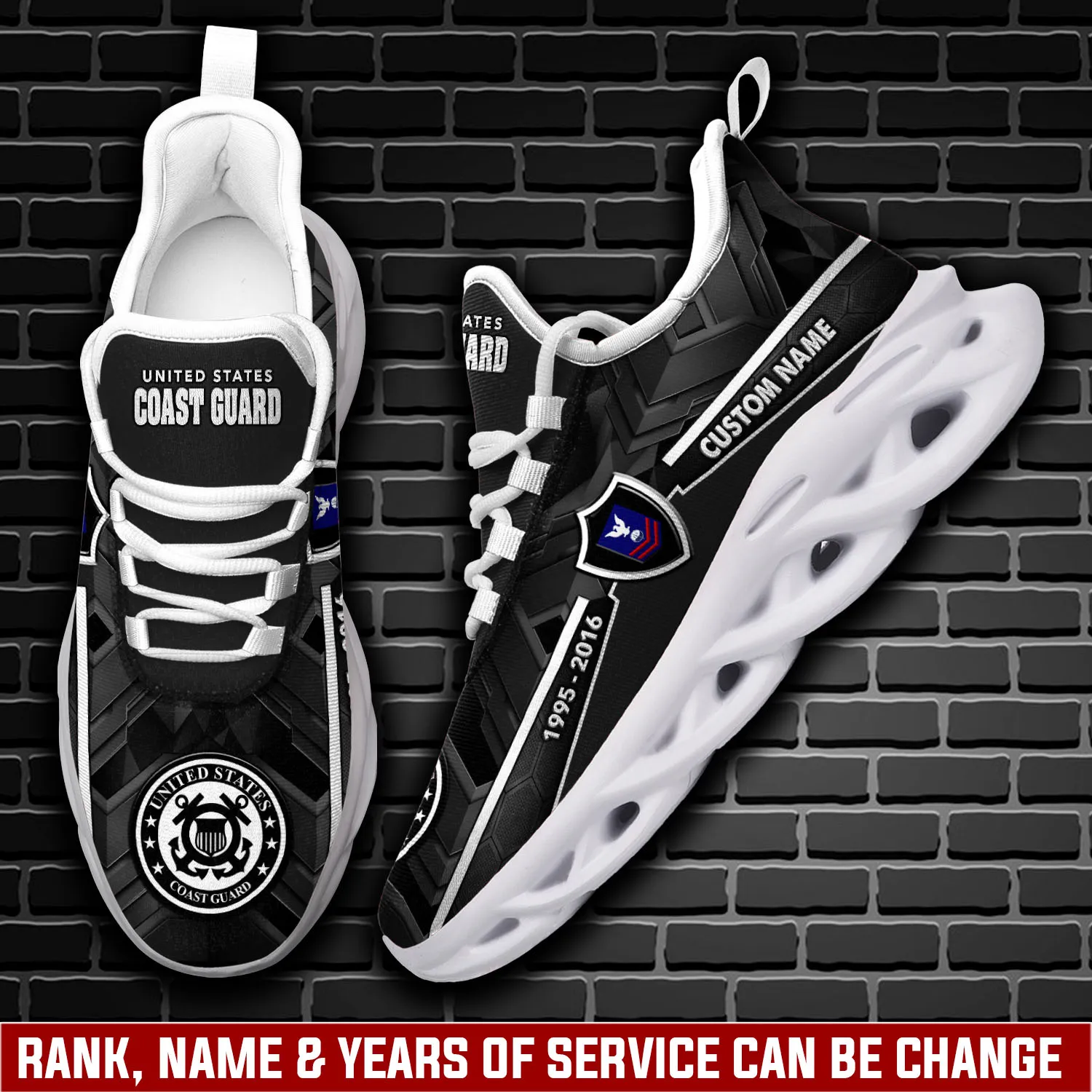 Personalized US Coast Guard Lest We Forget Max Soul Shoes, Custom Name, Rank, Rating and Years of Service Veteran Sneakers, Gift Idea