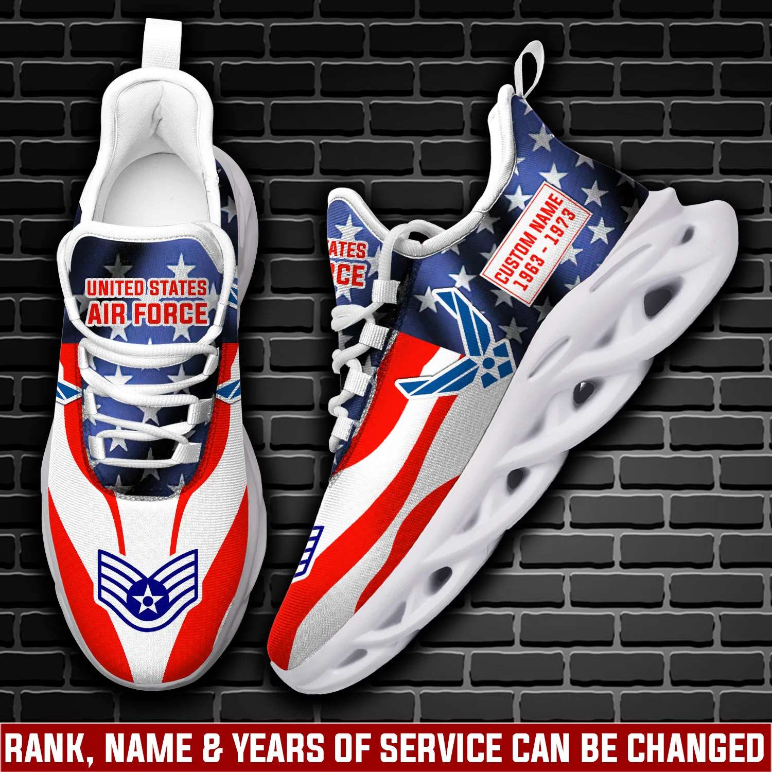 US Air Force E-6 Technical Sergeant Personalized Max Soul Shoes, Custom Name Airman Veteran Sneakers, Stars and Stripes Military Gift