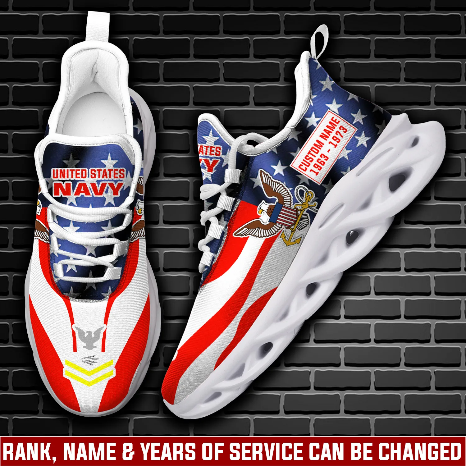 US Navy E-2 Blue Personalized Max Soul Shoes, Custom Name, Rating, Rank and Years of Service, Waving American Flag Veteran Sneakers