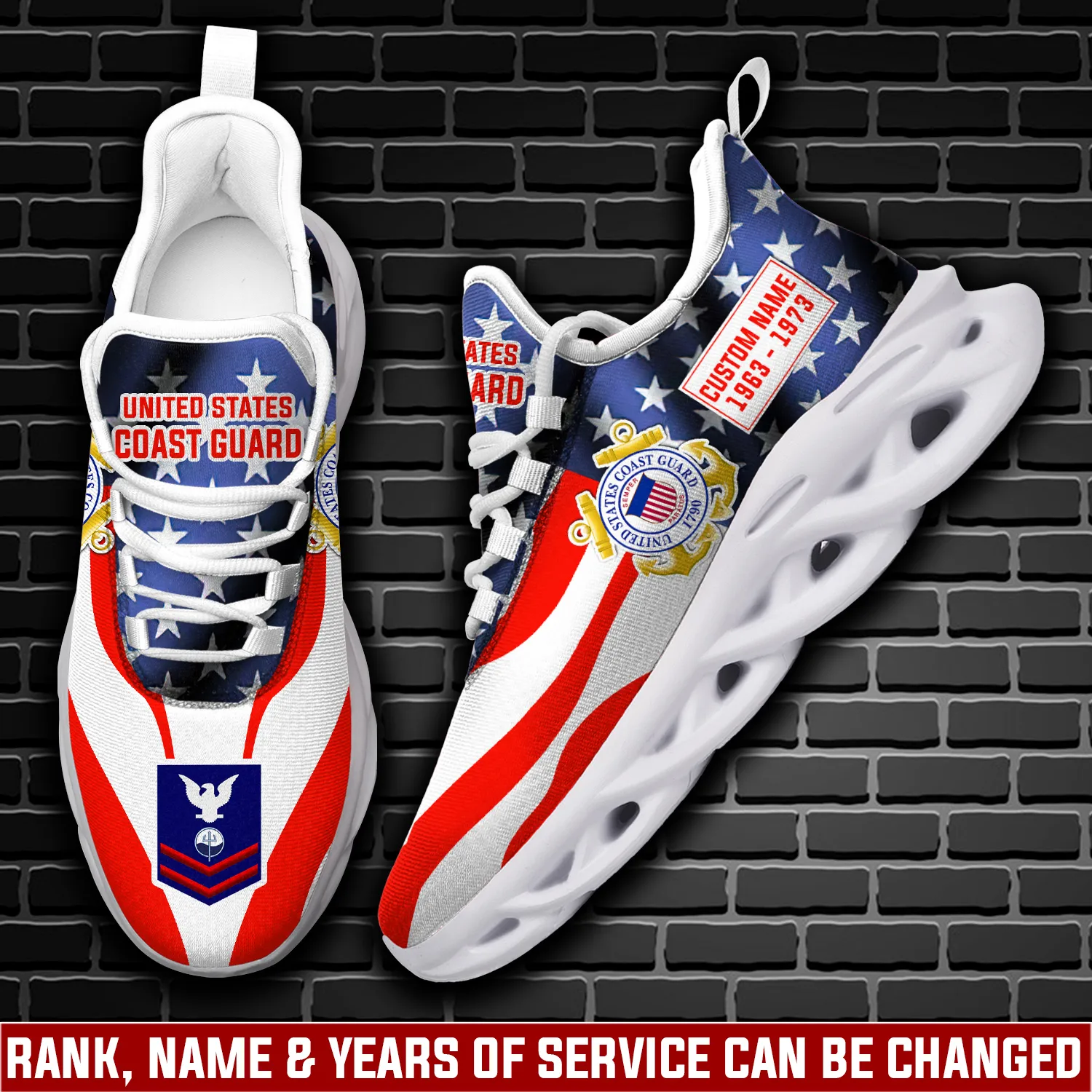 US Coast Guard Served With Pride Personalized Max Soul Shoes, Custom Name Rank and Rating Coastie Sneakers, American Flag Veteran Gift