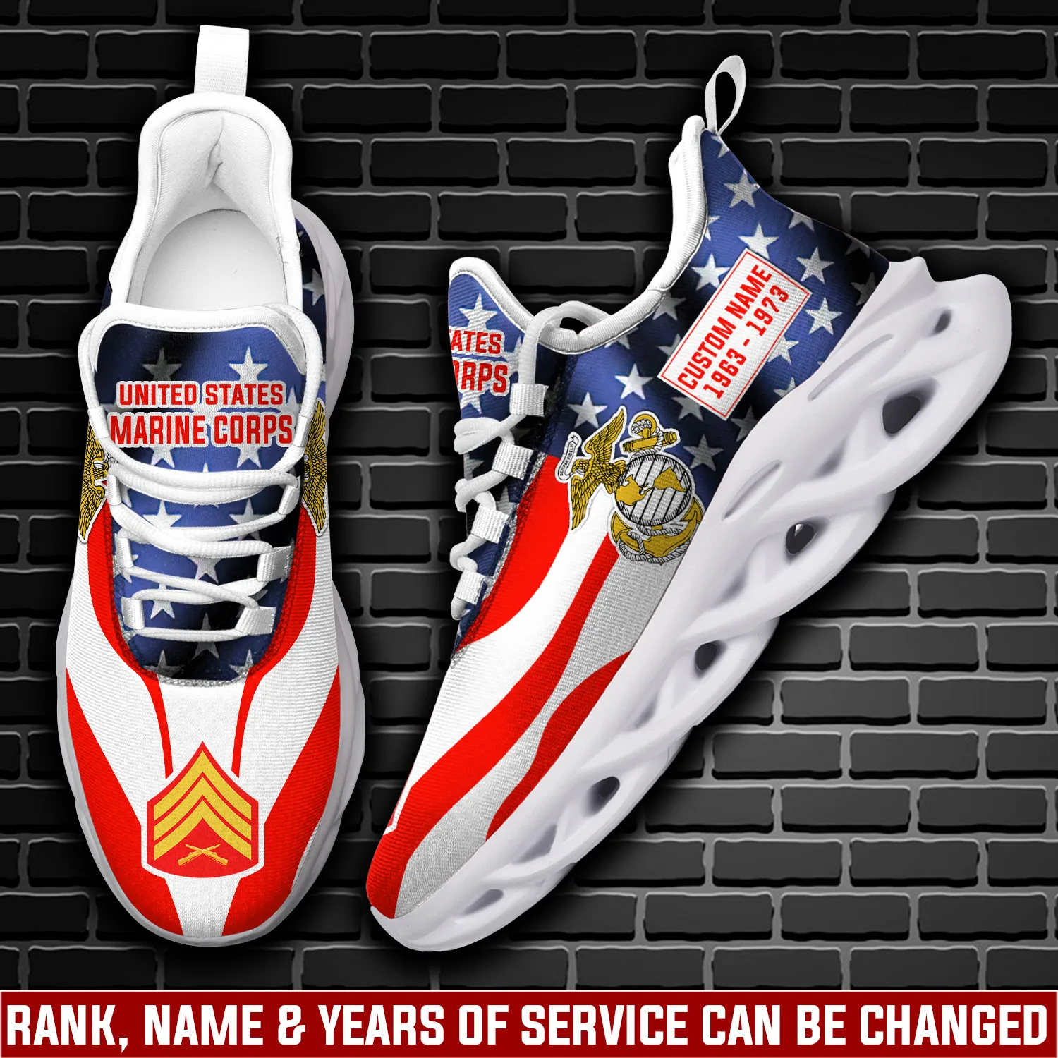 US Marine Corps Land Of The Free Because Of The Brave Max Soul Shoes, Personalized Rank Name and Years, USMC Veteran Sneakers