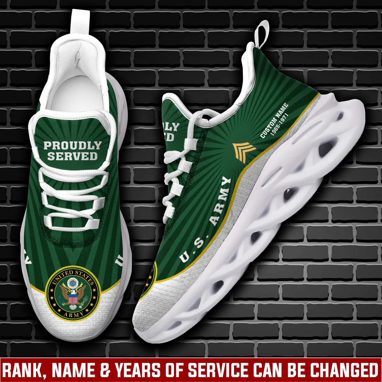 US Army E-5 Army Specialist Personalized Max Soul Shoes, Custom Name Rank and Years Proudly Served Sneakers, Army Veteran Gift Idea