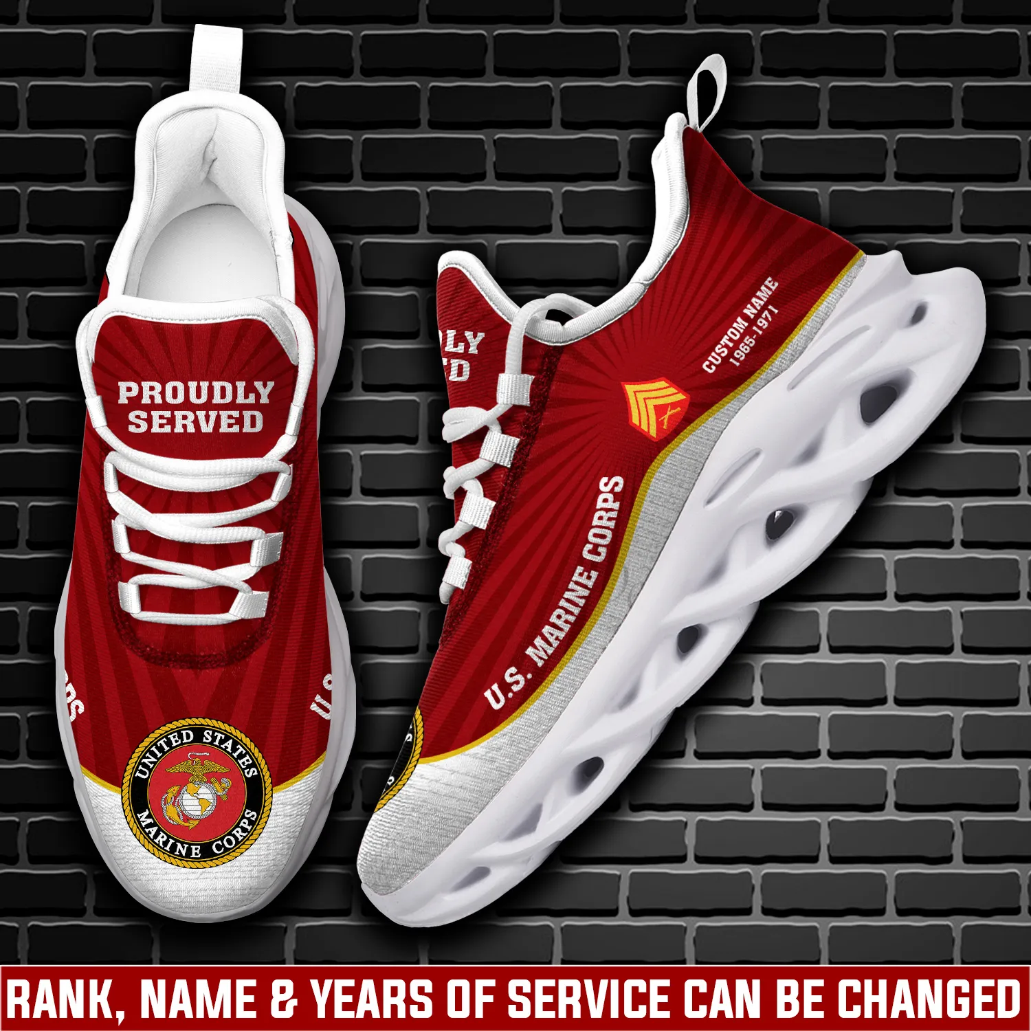 US Marine Corps E-8 Marines First Sergeant Personalized Max Soul Shoes, Custom Name Rank Proudly Served Veteran Sneakers, USMC Gift