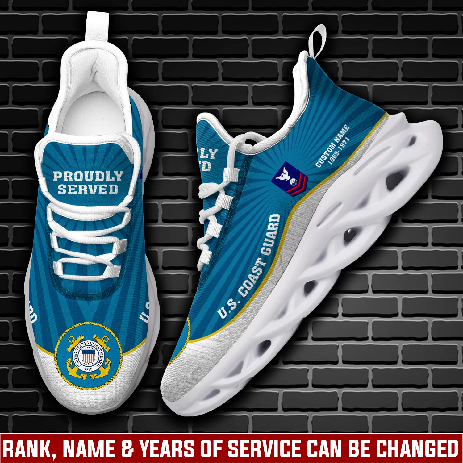 Personalized US Coast Guard E-7 Gold Max Soul Shoes, Custom Name, Rank, Rating and Years of Service Veteran Sneakers, Coast Guard Gift